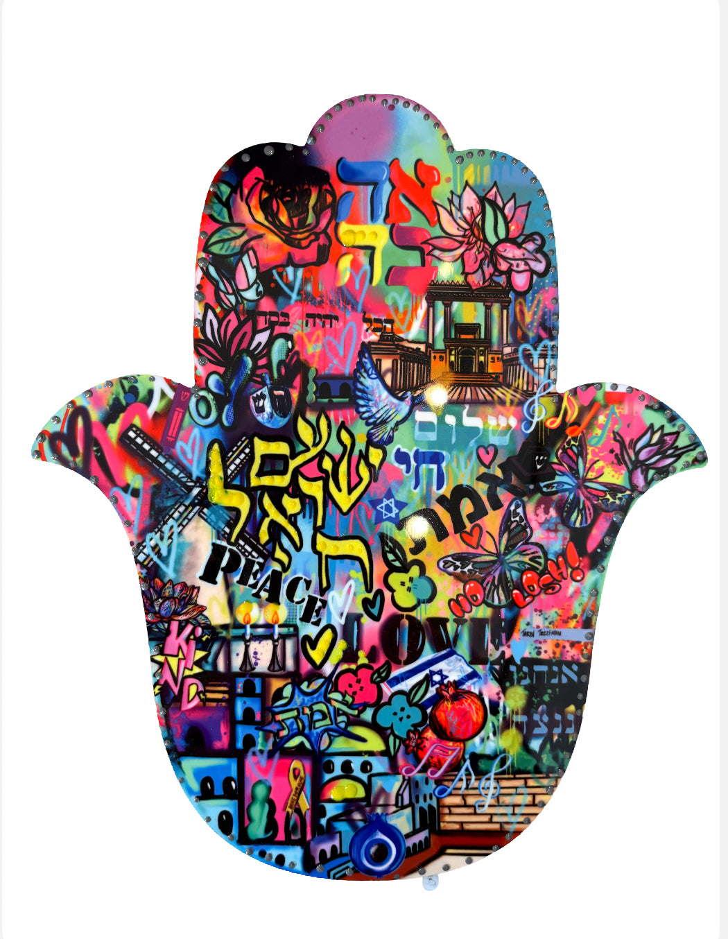 Hand embelished Am Yisrael Hamsa Chai Small