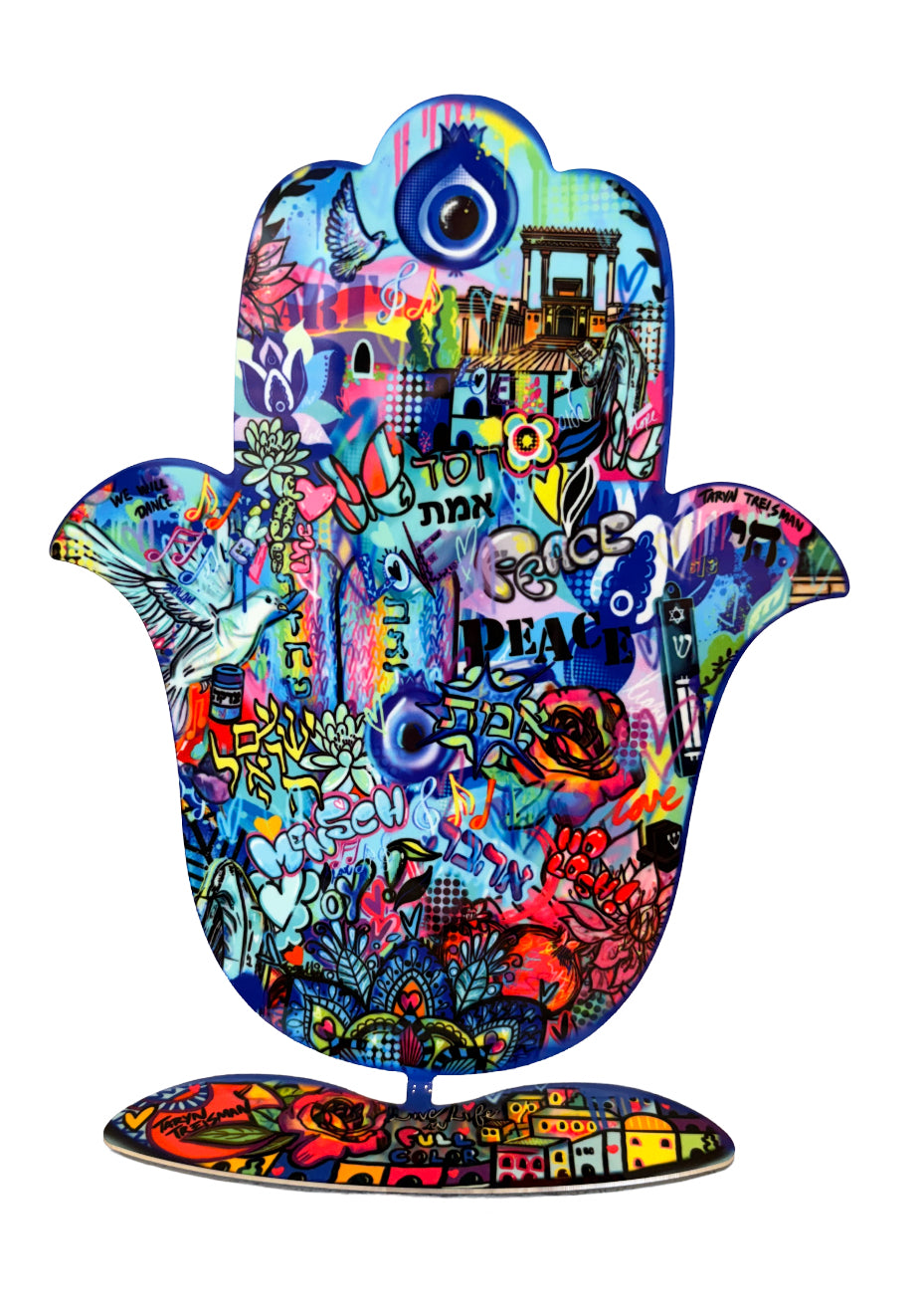 Mini Hamsa on stand with blue Jerusalem
