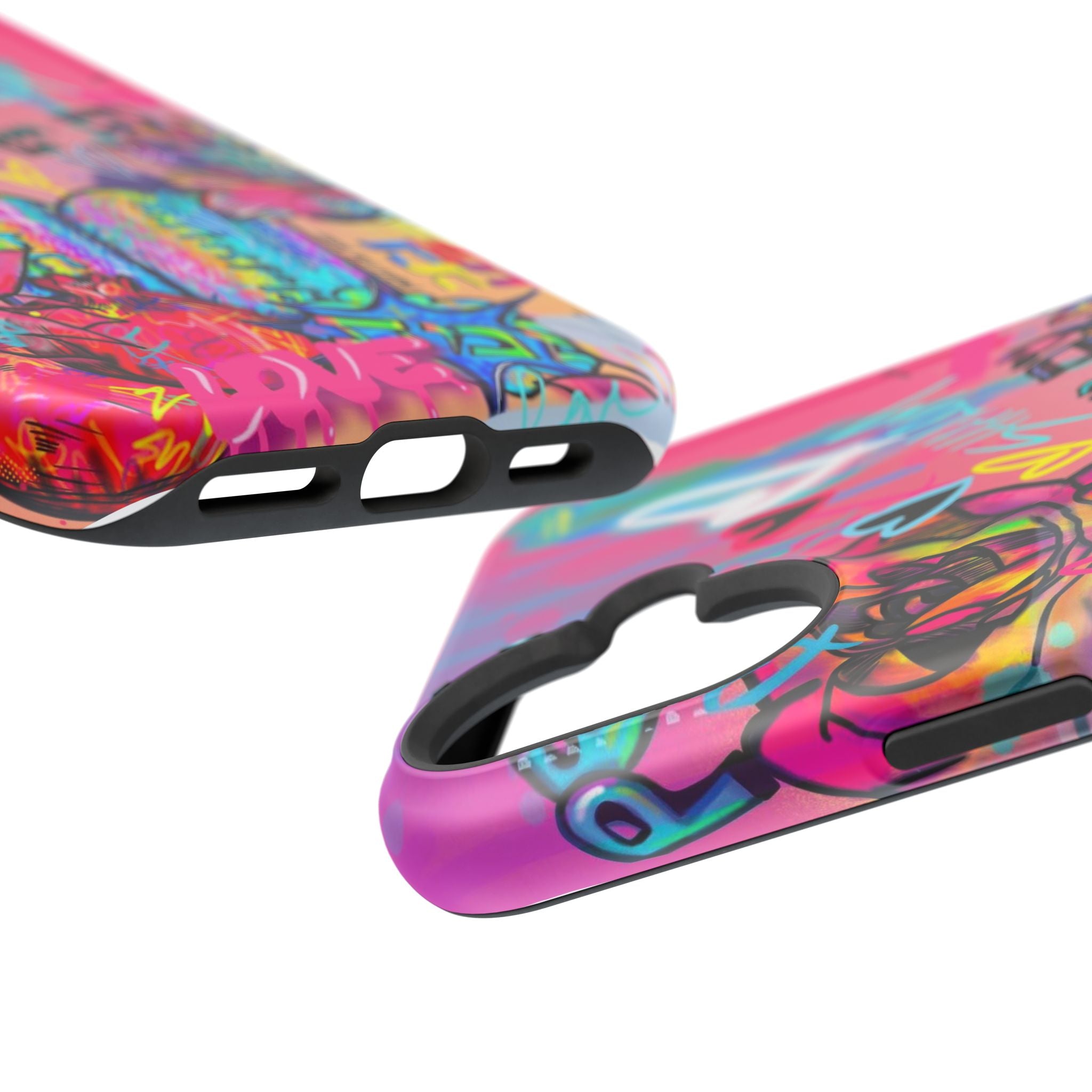 Graffiti Hearts Magnetic Impact-Resistant Phone Case — Neon Floral Street Art Design