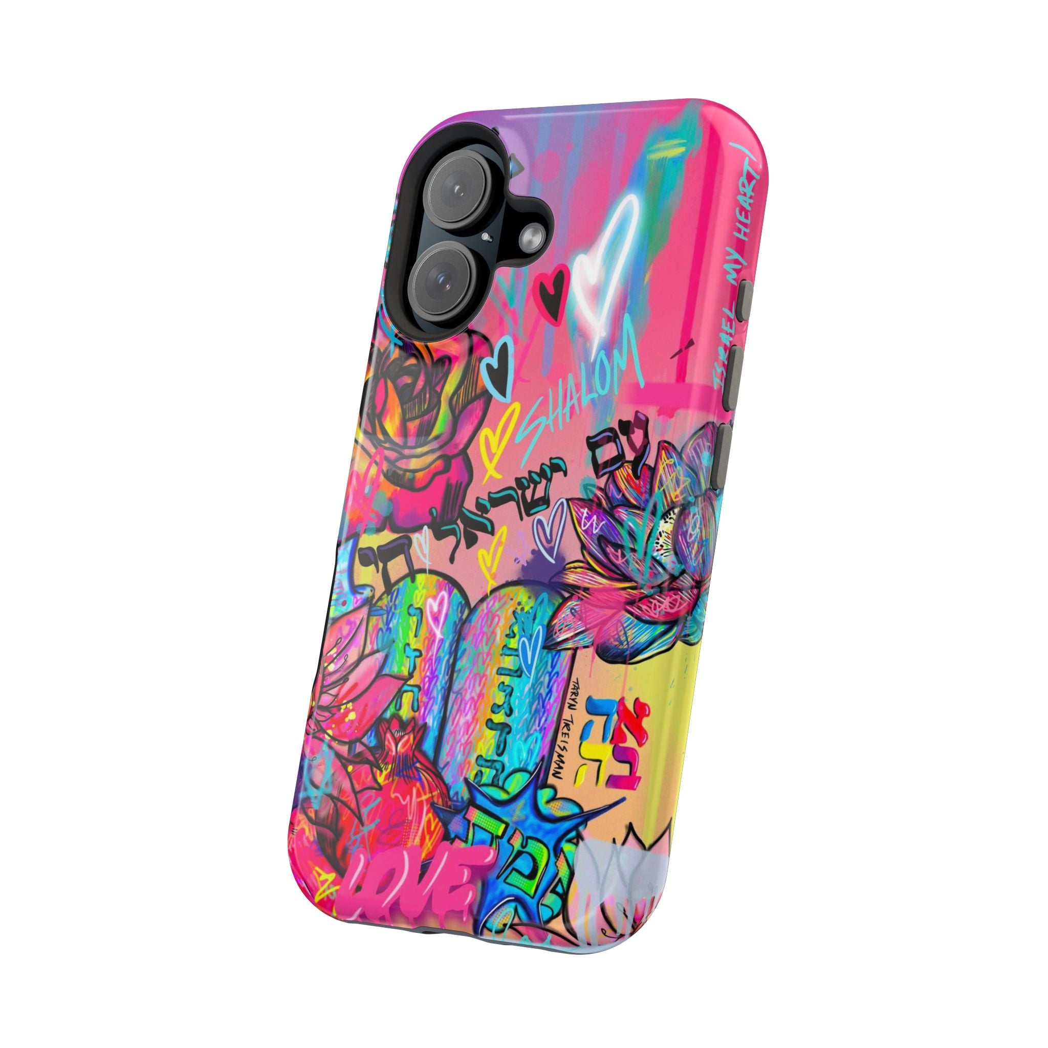 Graffiti Hearts Magnetic Impact-Resistant Phone Case — Neon Floral Street Art Design