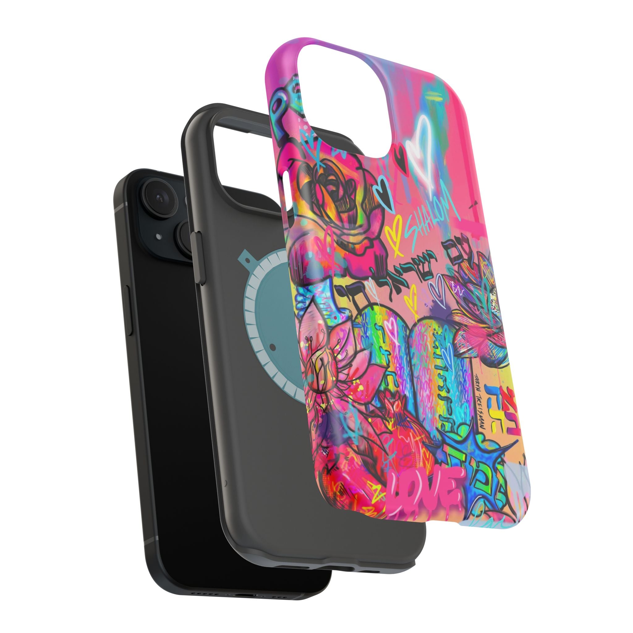 Graffiti Hearts Magnetic Impact-Resistant Phone Case — Neon Floral Street Art Design