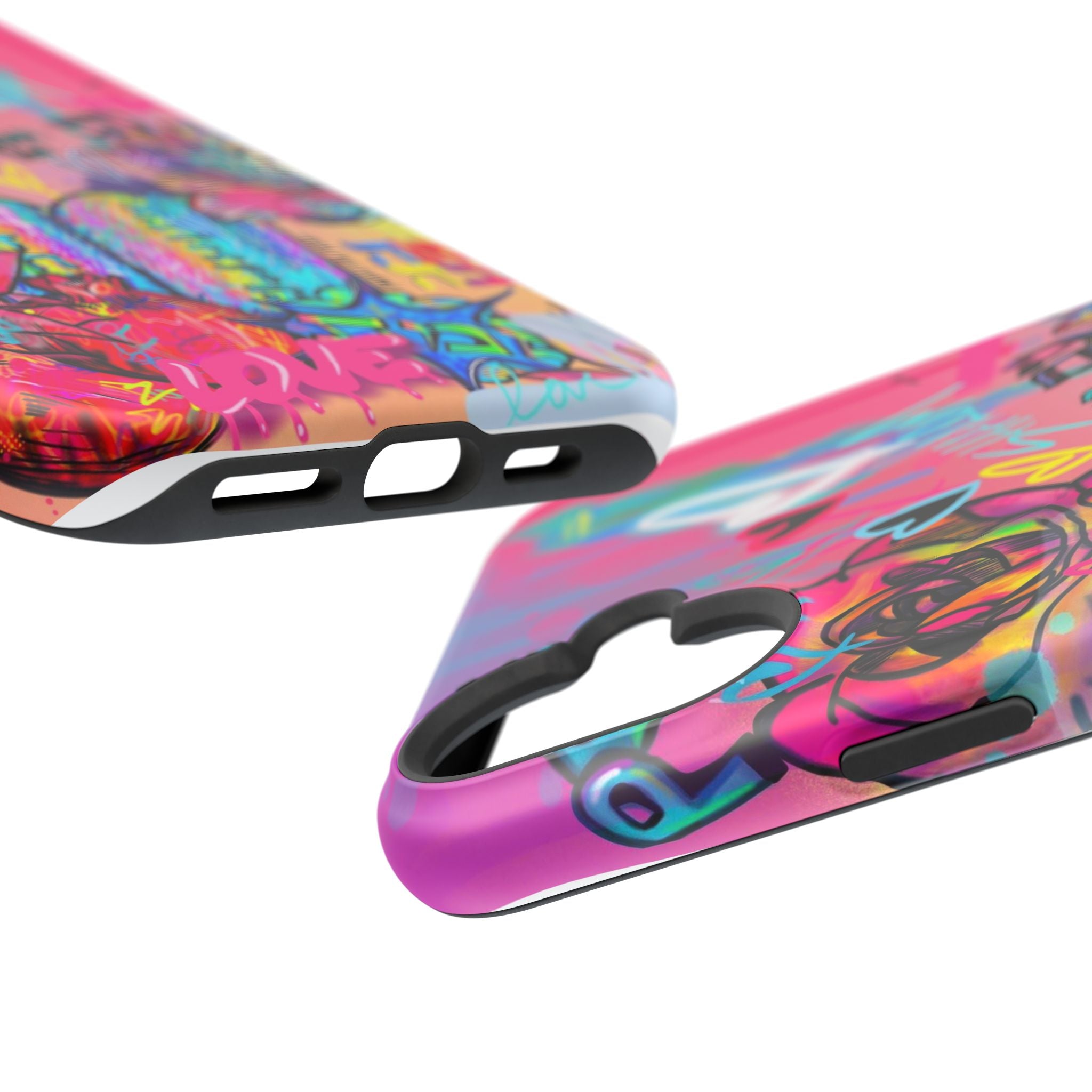 Graffiti Hearts Magnetic Impact-Resistant Phone Case — Neon Floral Street Art Design