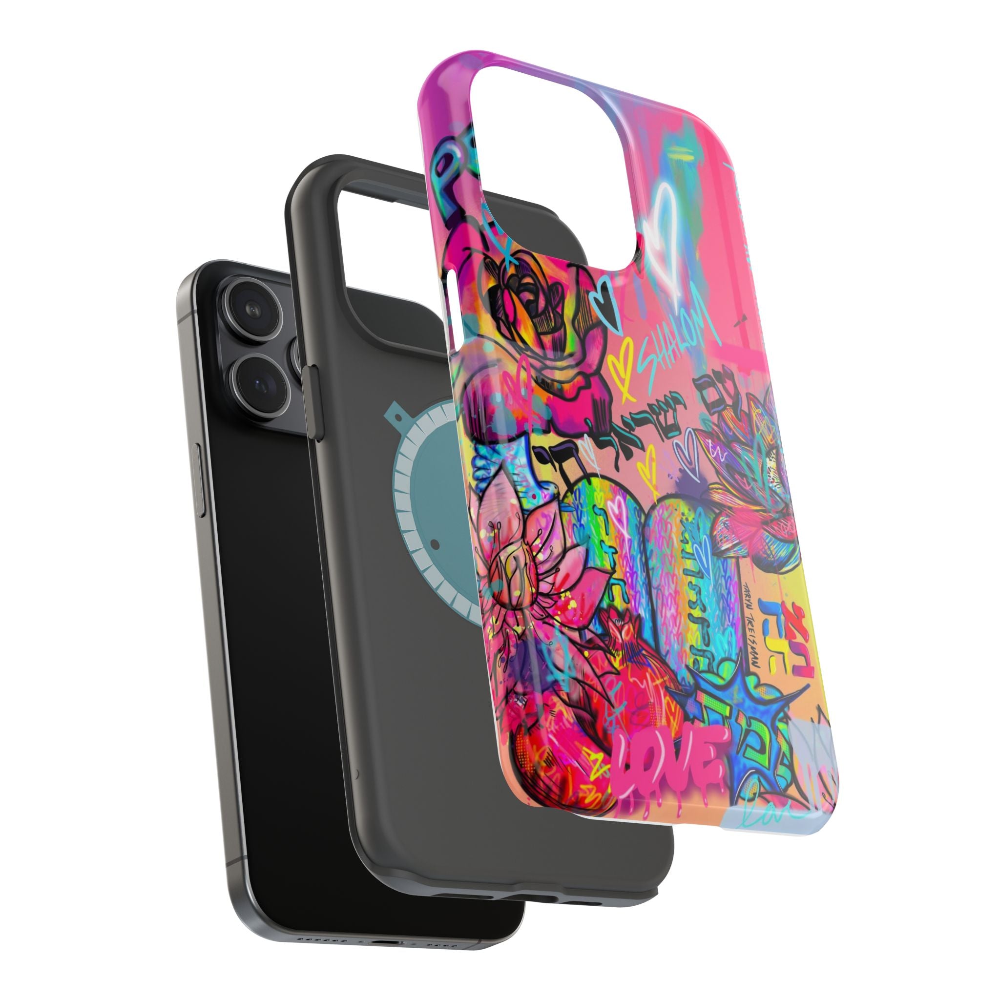 Graffiti Hearts Magnetic Impact-Resistant Phone Case — Neon Floral Street Art Design