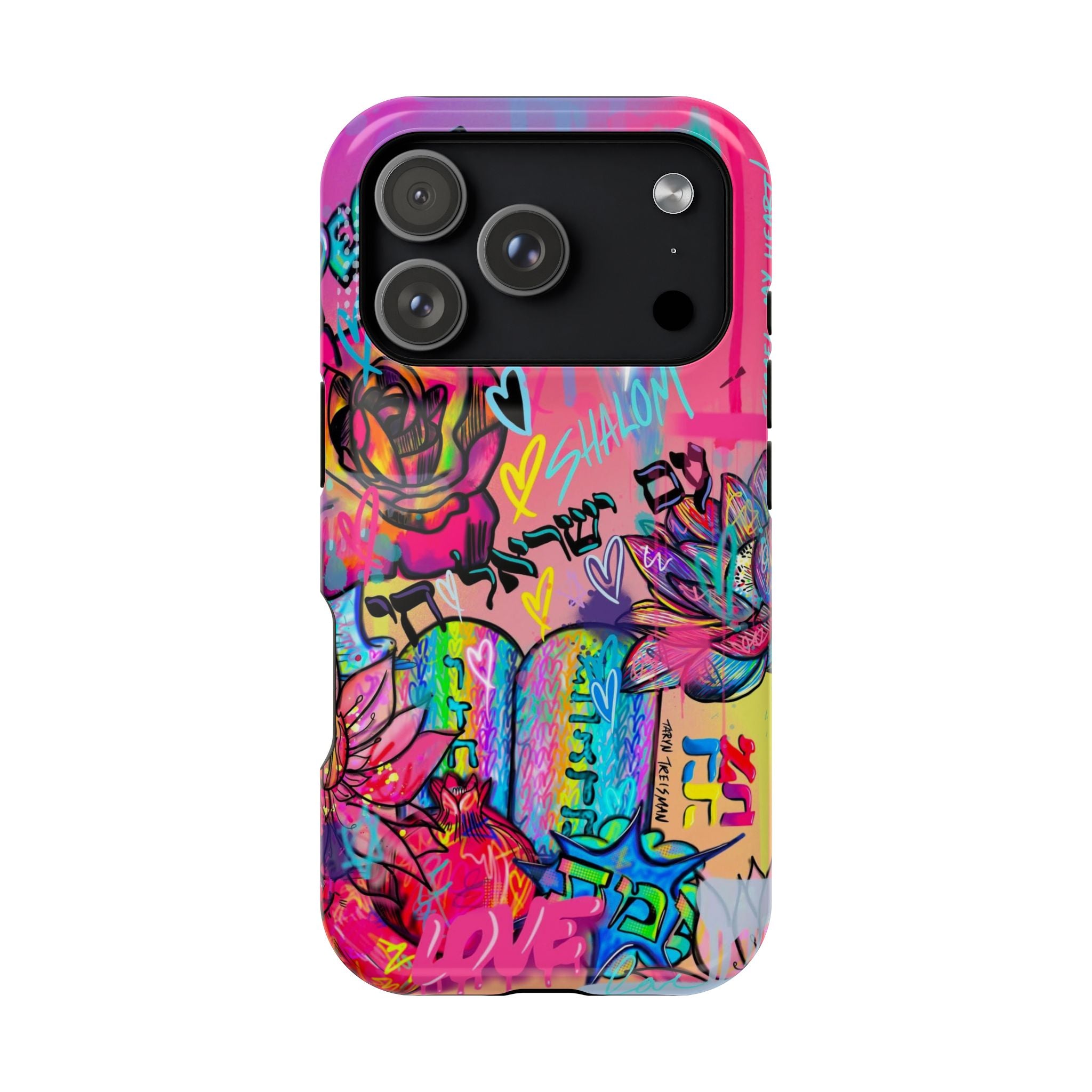 Graffiti Hearts Magnetic Impact-Resistant Phone Case — Neon Floral Street Art Design