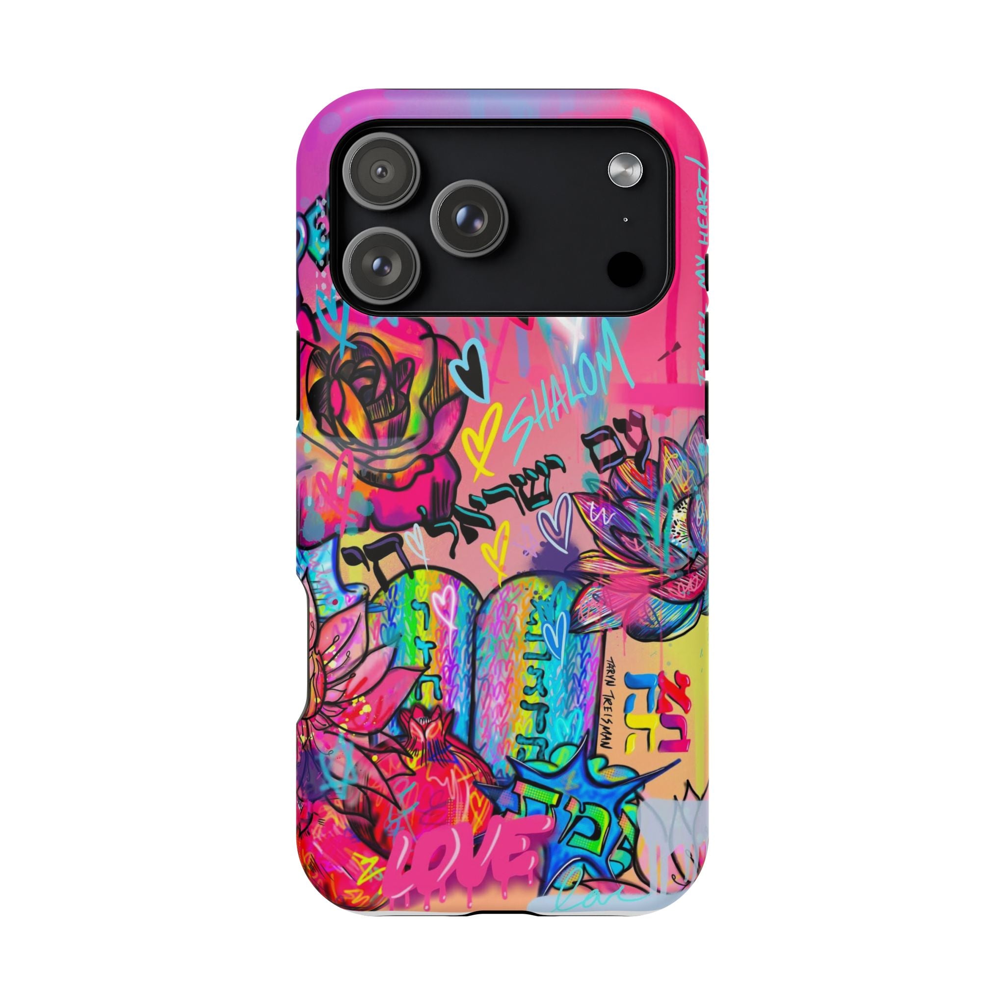 Graffiti Hearts Magnetic Impact-Resistant Phone Case — Neon Floral Street Art Design