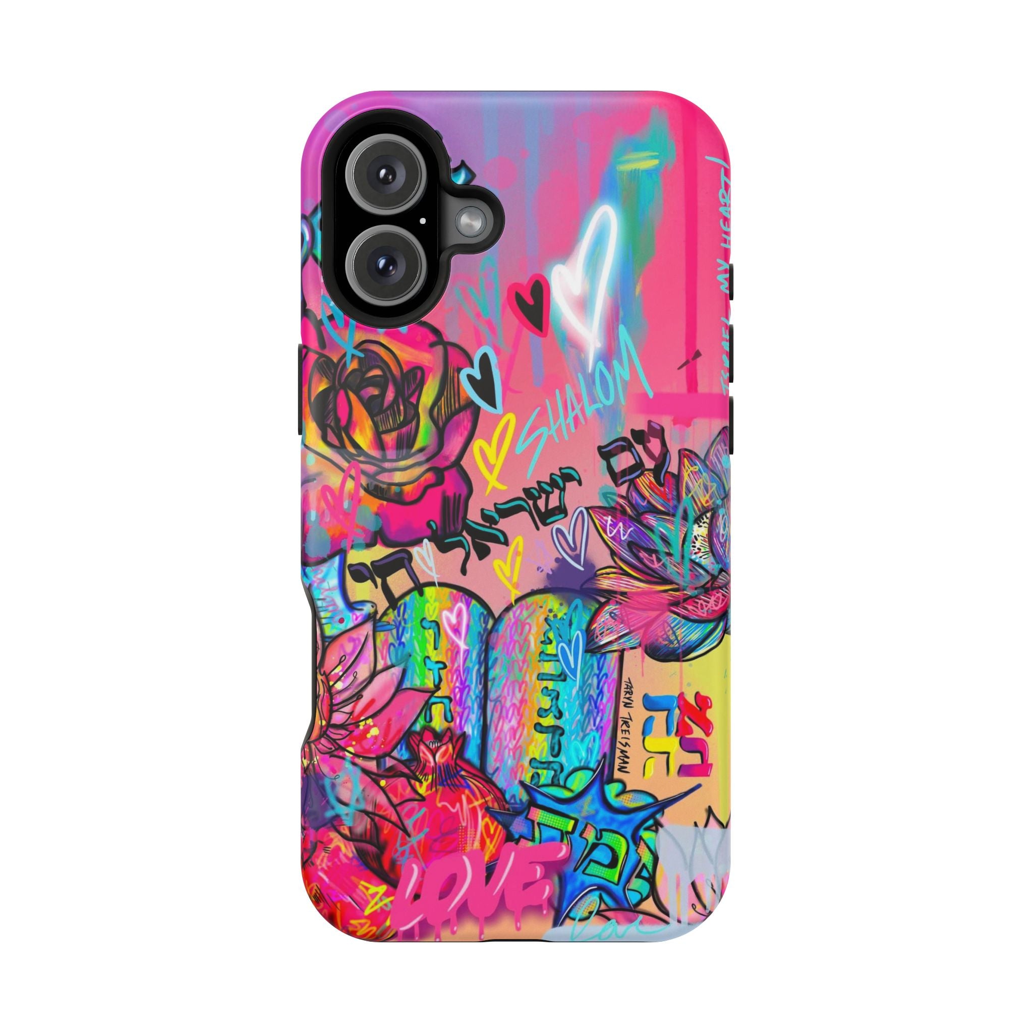 Graffiti Hearts Magnetic Impact-Resistant Phone Case — Neon Floral Street Art Design