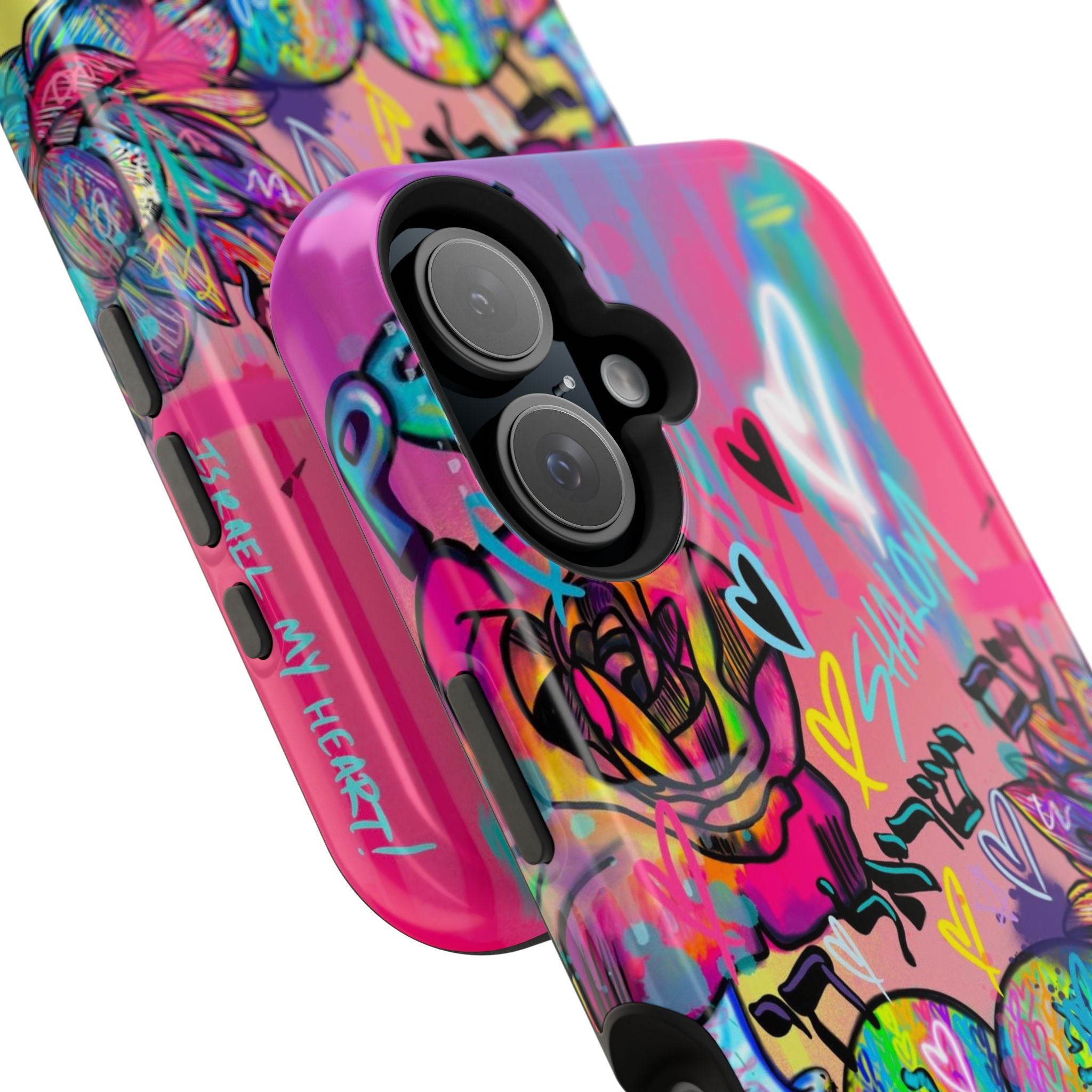 Graffiti Hearts Magnetic Impact-Resistant Phone Case — Neon Floral Street Art Design