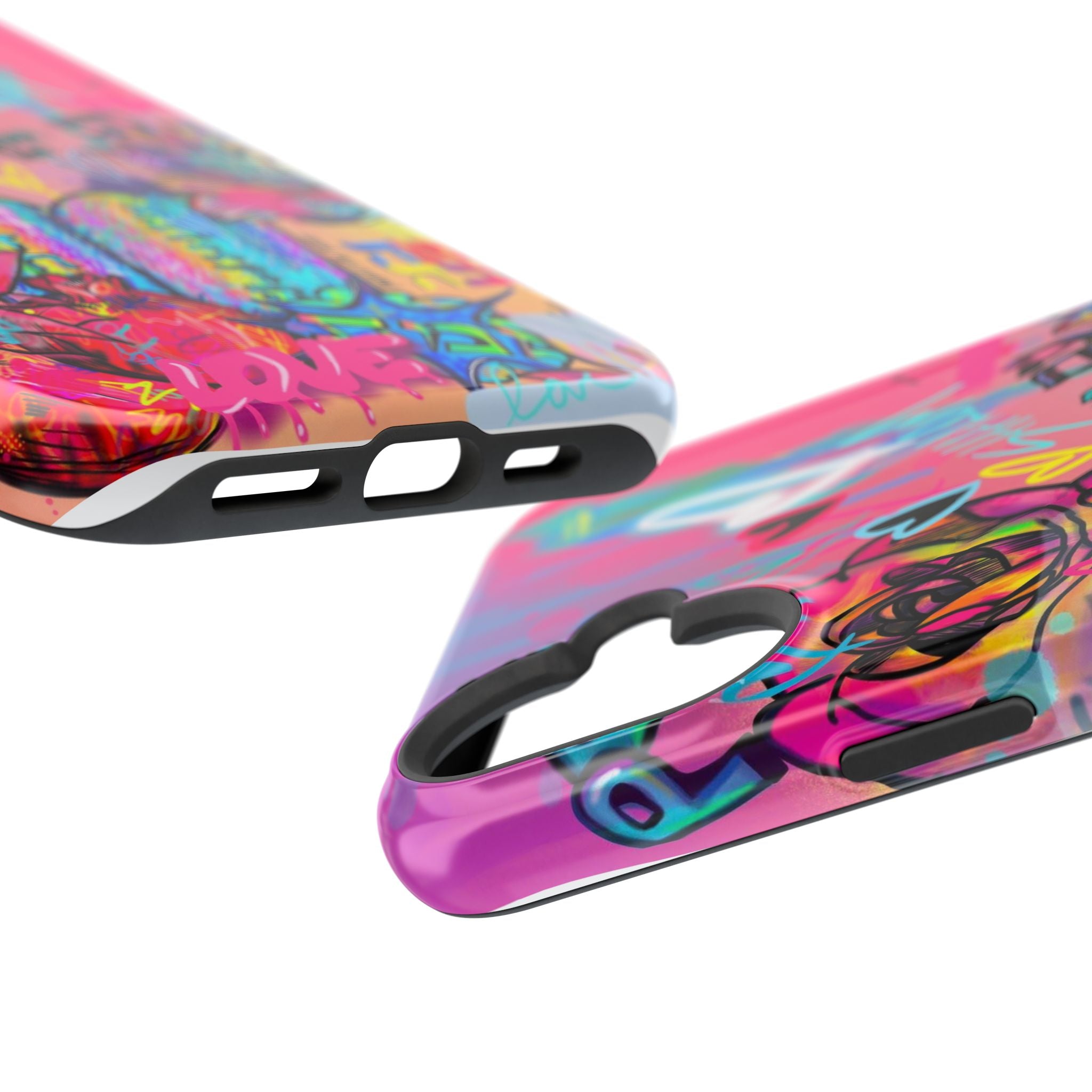 Graffiti Hearts Magnetic Impact-Resistant Phone Case — Neon Floral Street Art Design