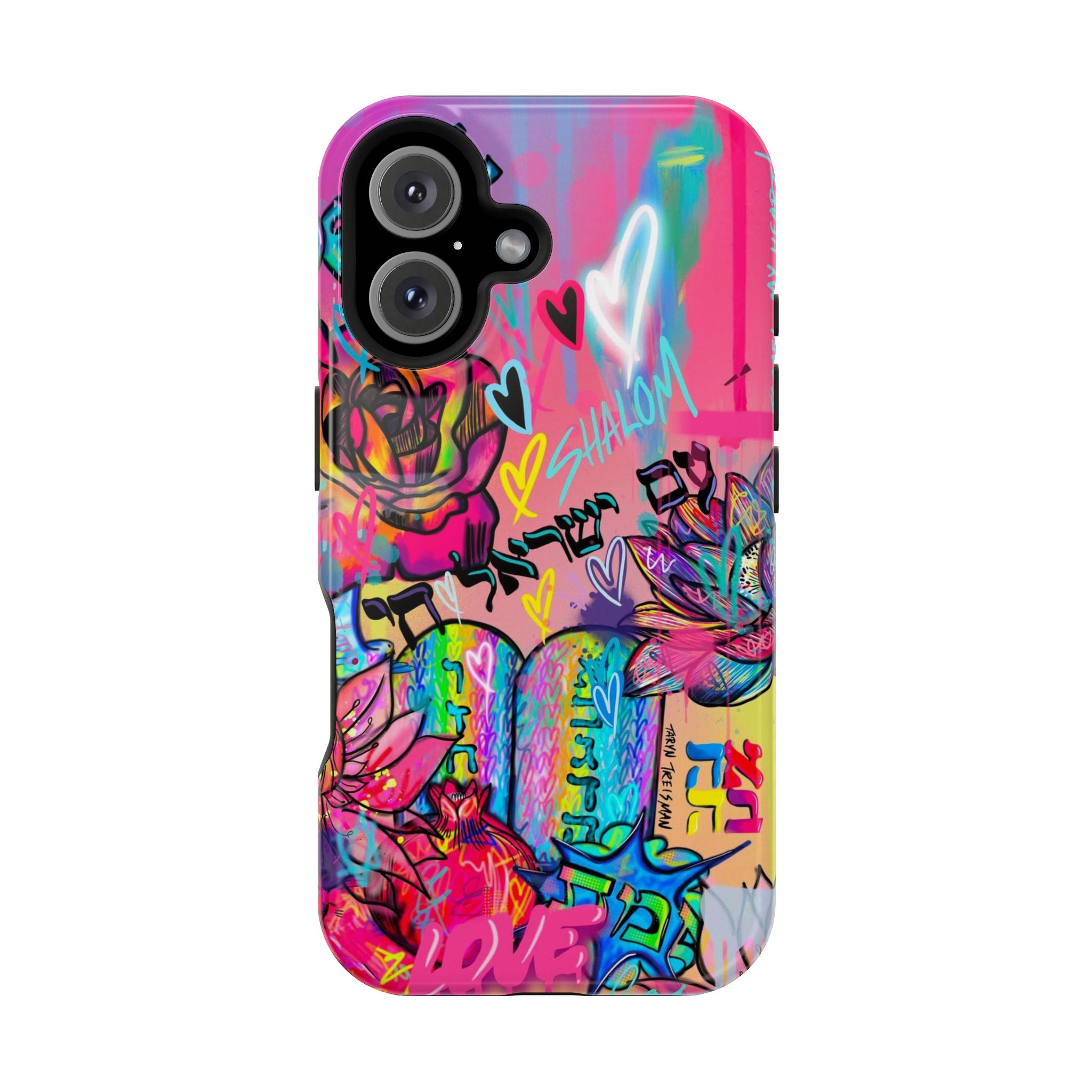 Graffiti Hearts Magnetic Impact-Resistant Phone Case — Neon Floral Street Art Design
