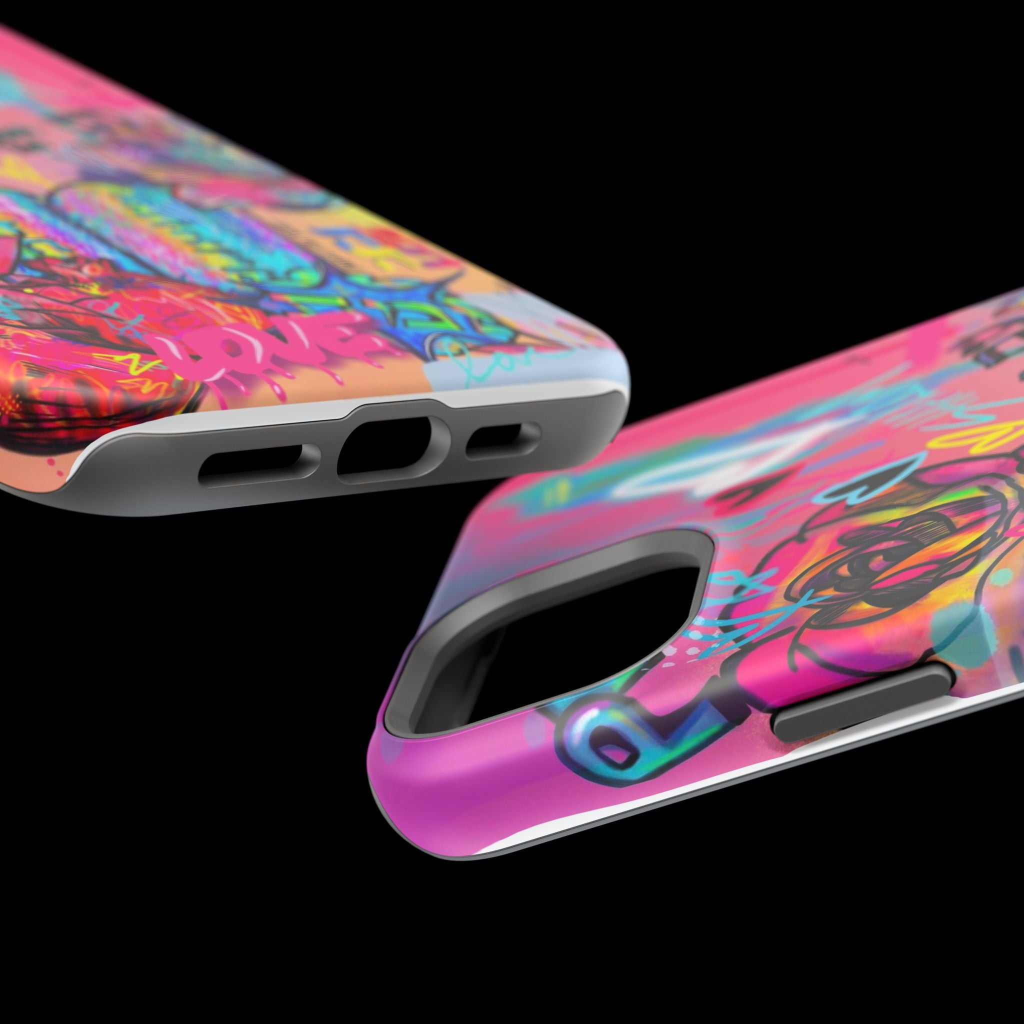 Graffiti Hearts Magnetic Impact-Resistant Phone Case — Neon Floral Street Art Design