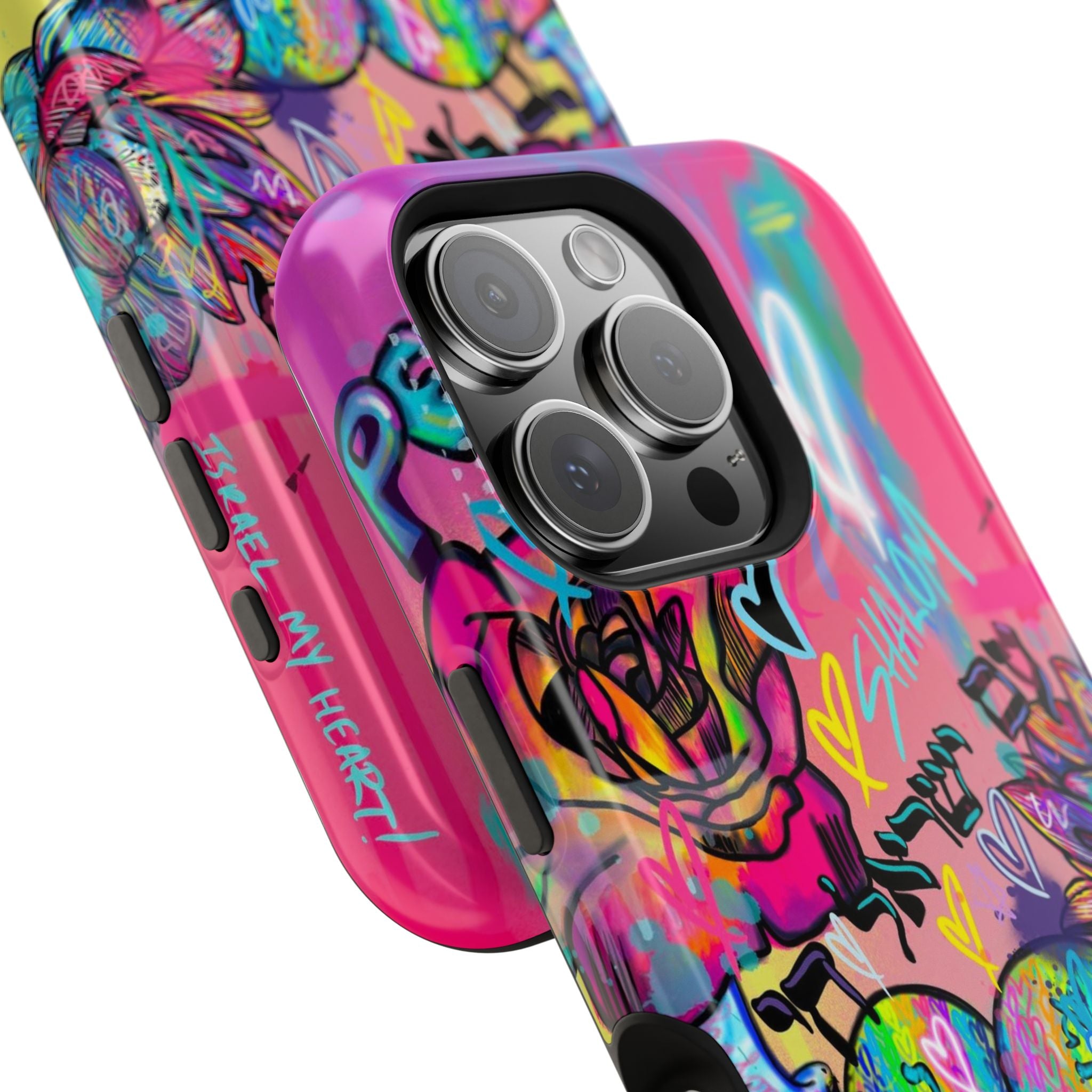 Graffiti Hearts Magnetic Impact-Resistant Phone Case — Neon Floral Street Art Design