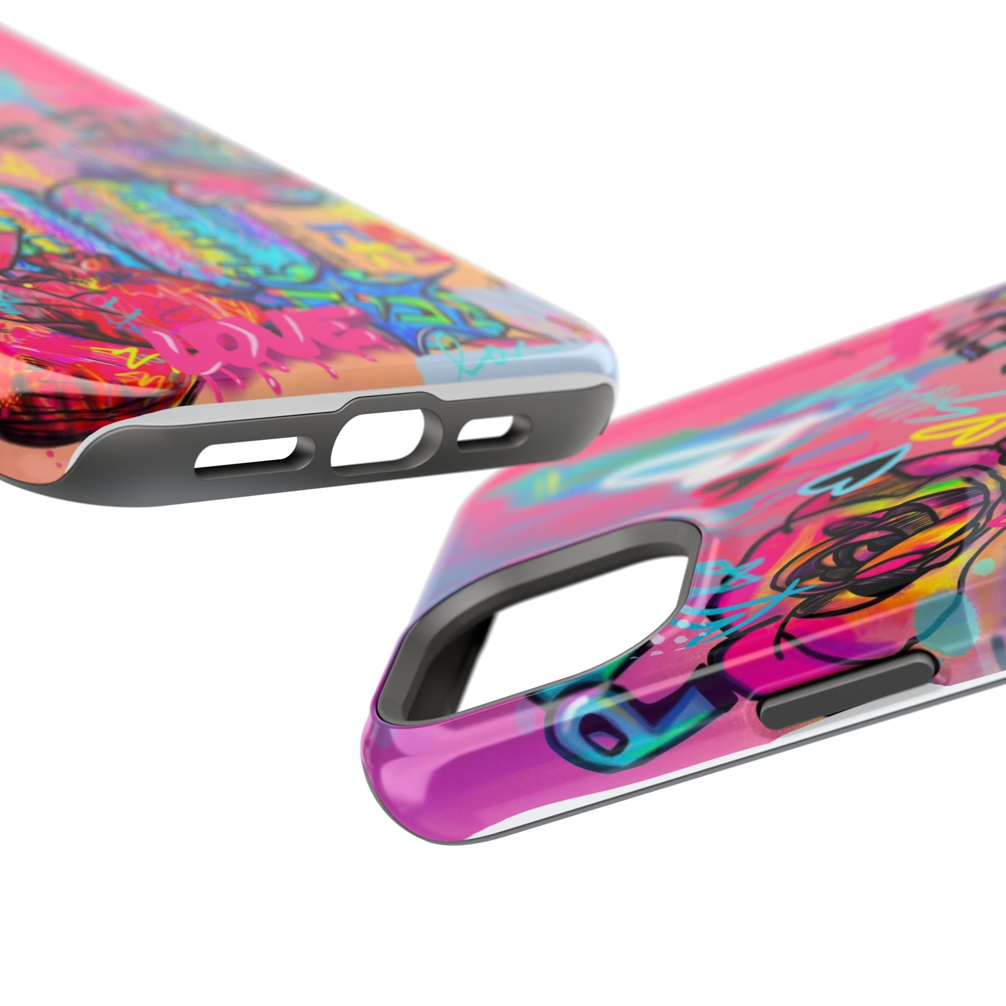 Graffiti Hearts Magnetic Impact-Resistant Phone Case — Neon Floral Street Art Design