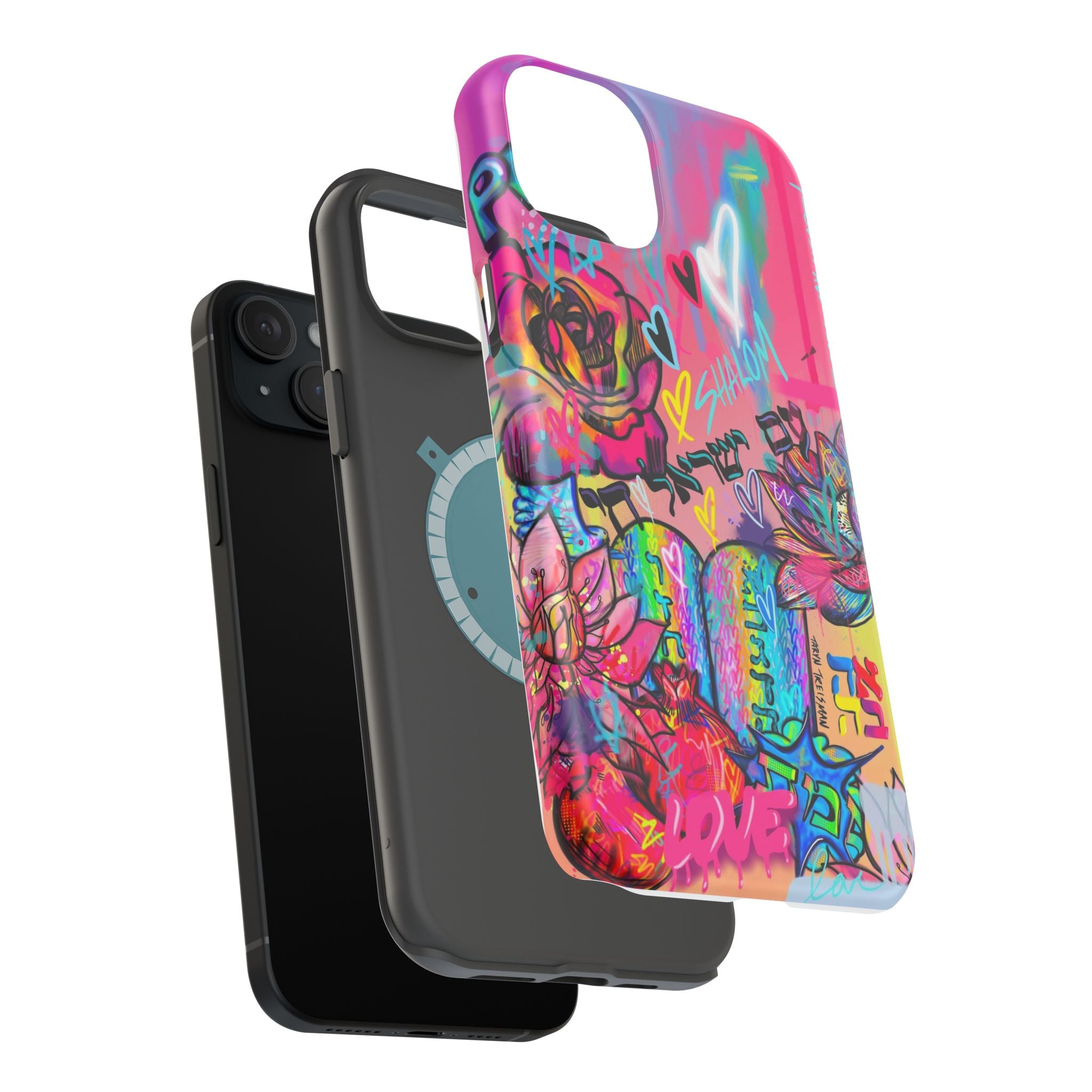 Graffiti Hearts Magnetic Impact-Resistant Phone Case — Neon Floral Street Art Design