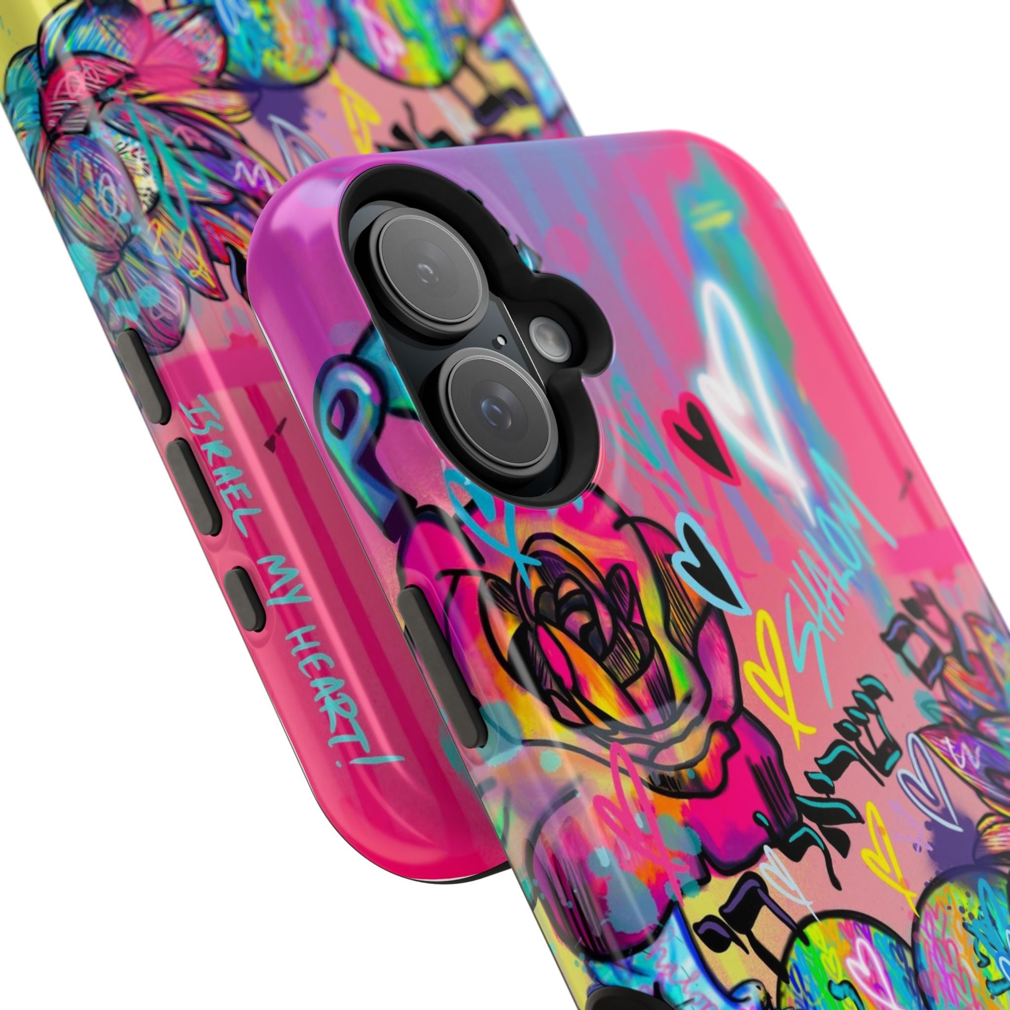 Graffiti Hearts Magnetic Impact-Resistant Phone Case — Neon Floral Street Art Design