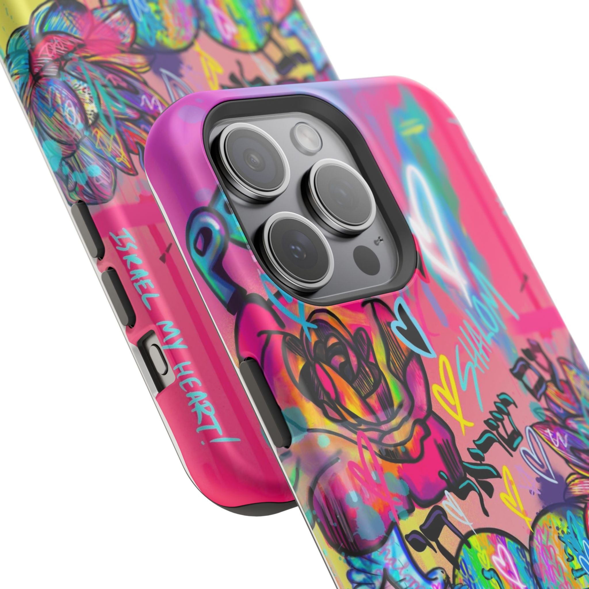 Graffiti Hearts Magnetic Impact-Resistant Phone Case — Neon Floral Street Art Design
