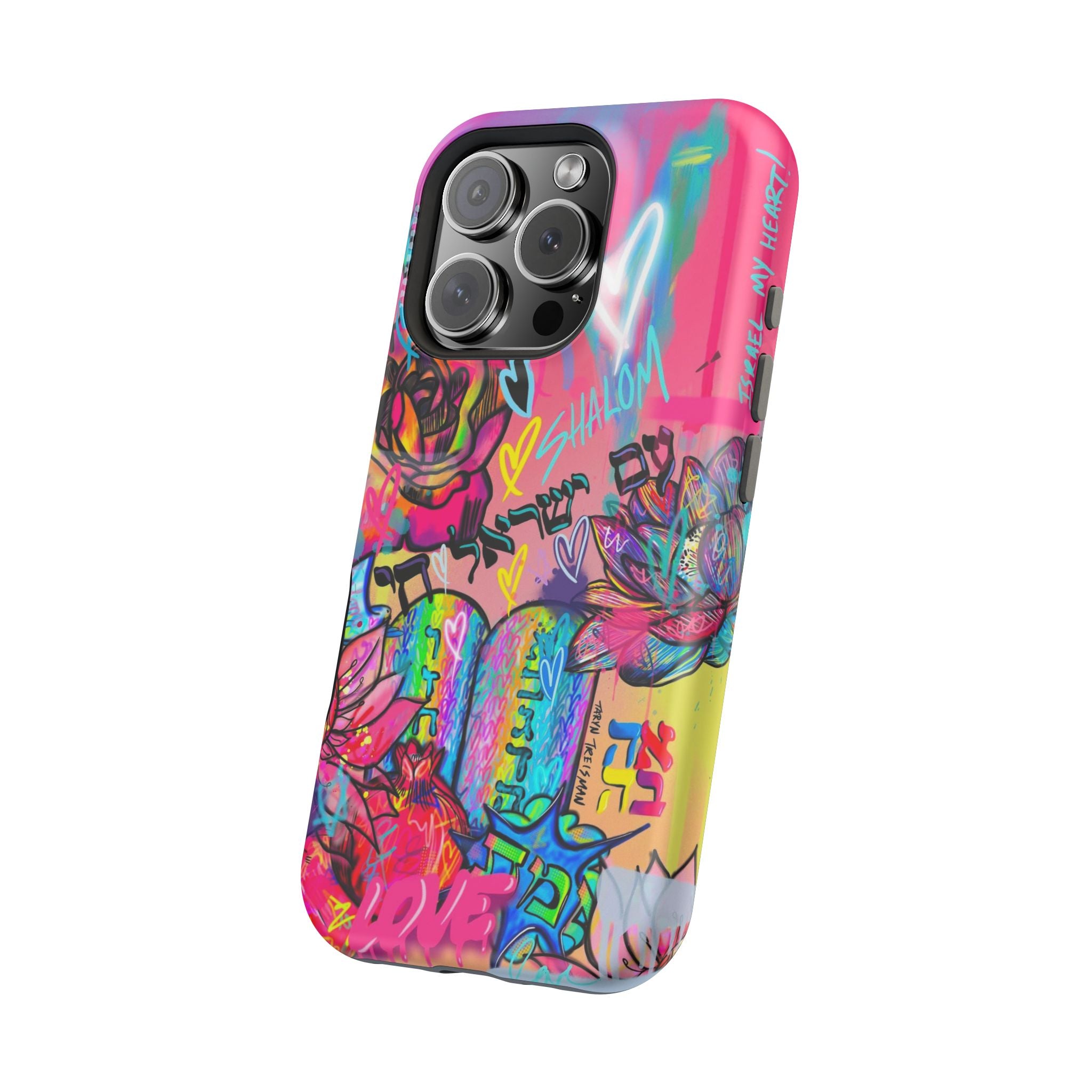 Graffiti Hearts Magnetic Impact-Resistant Phone Case — Neon Floral Street Art Design