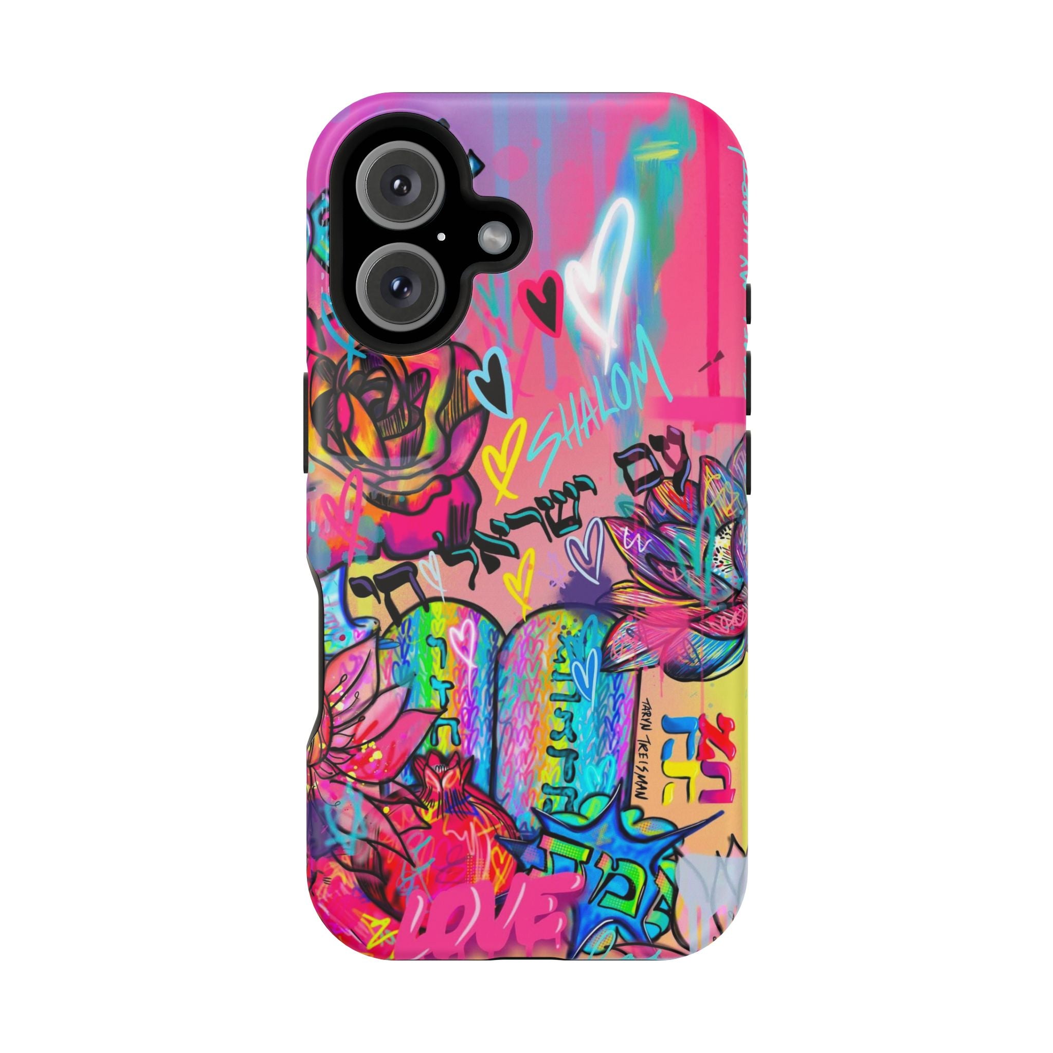 Graffiti Hearts Magnetic Impact-Resistant Phone Case — Neon Floral Street Art Design