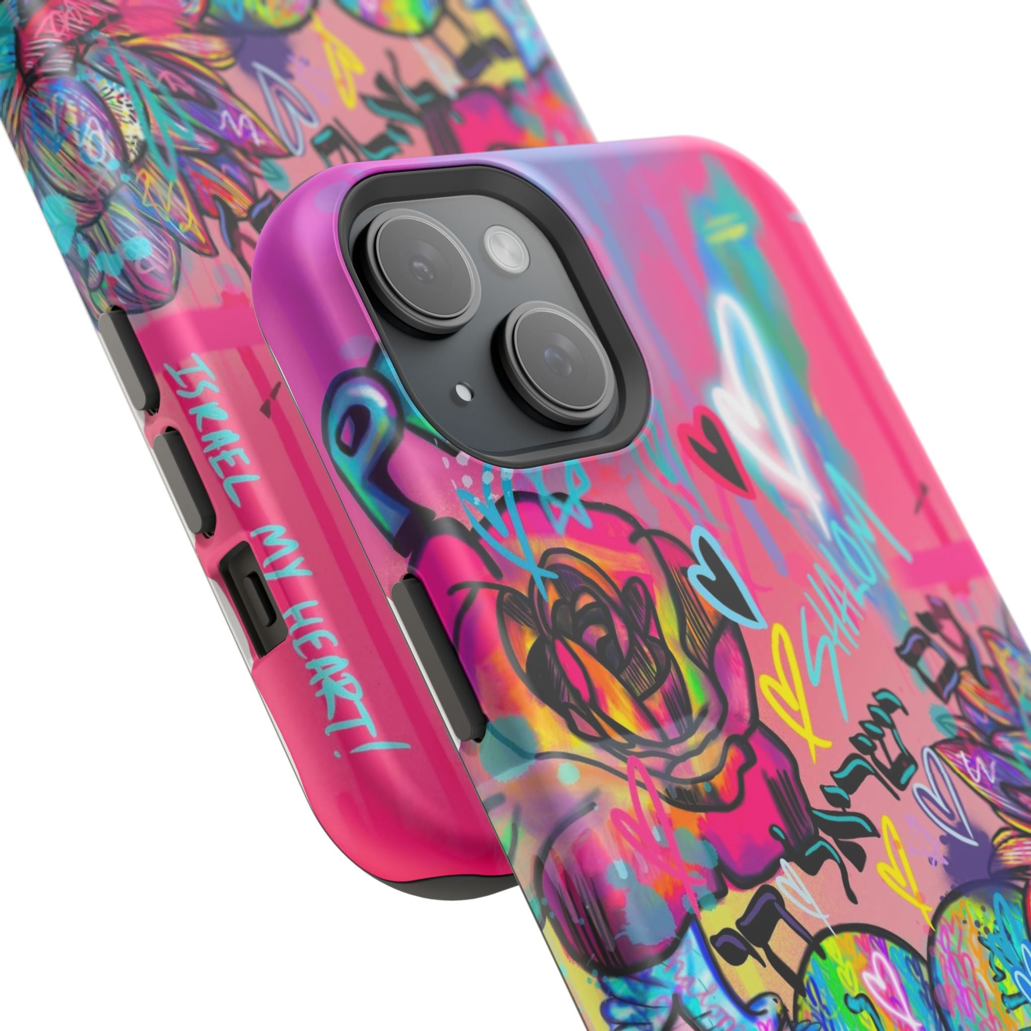 Graffiti Hearts Magnetic Impact-Resistant Phone Case — Neon Floral Street Art Design