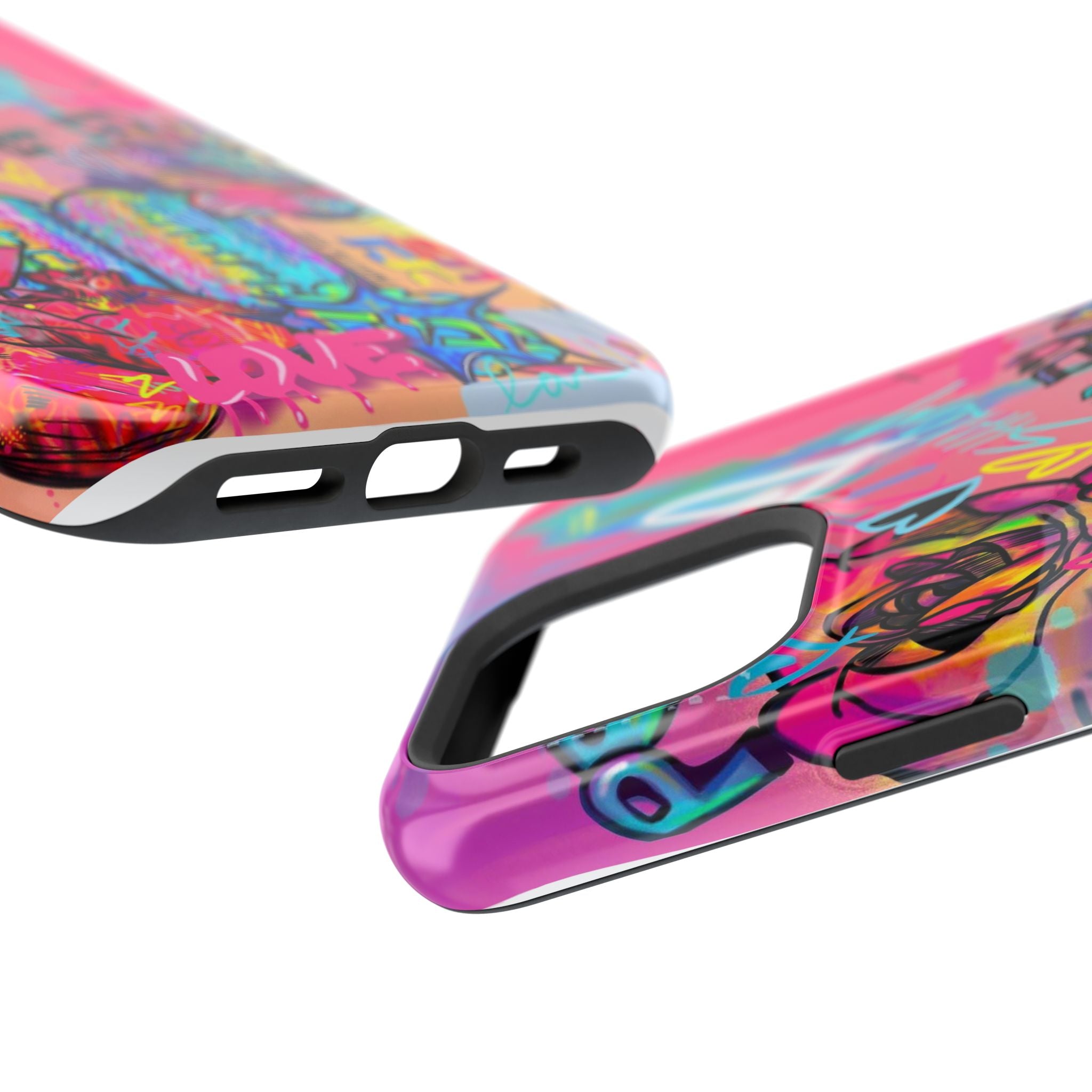 Graffiti Hearts Magnetic Impact-Resistant Phone Case — Neon Floral Street Art Design