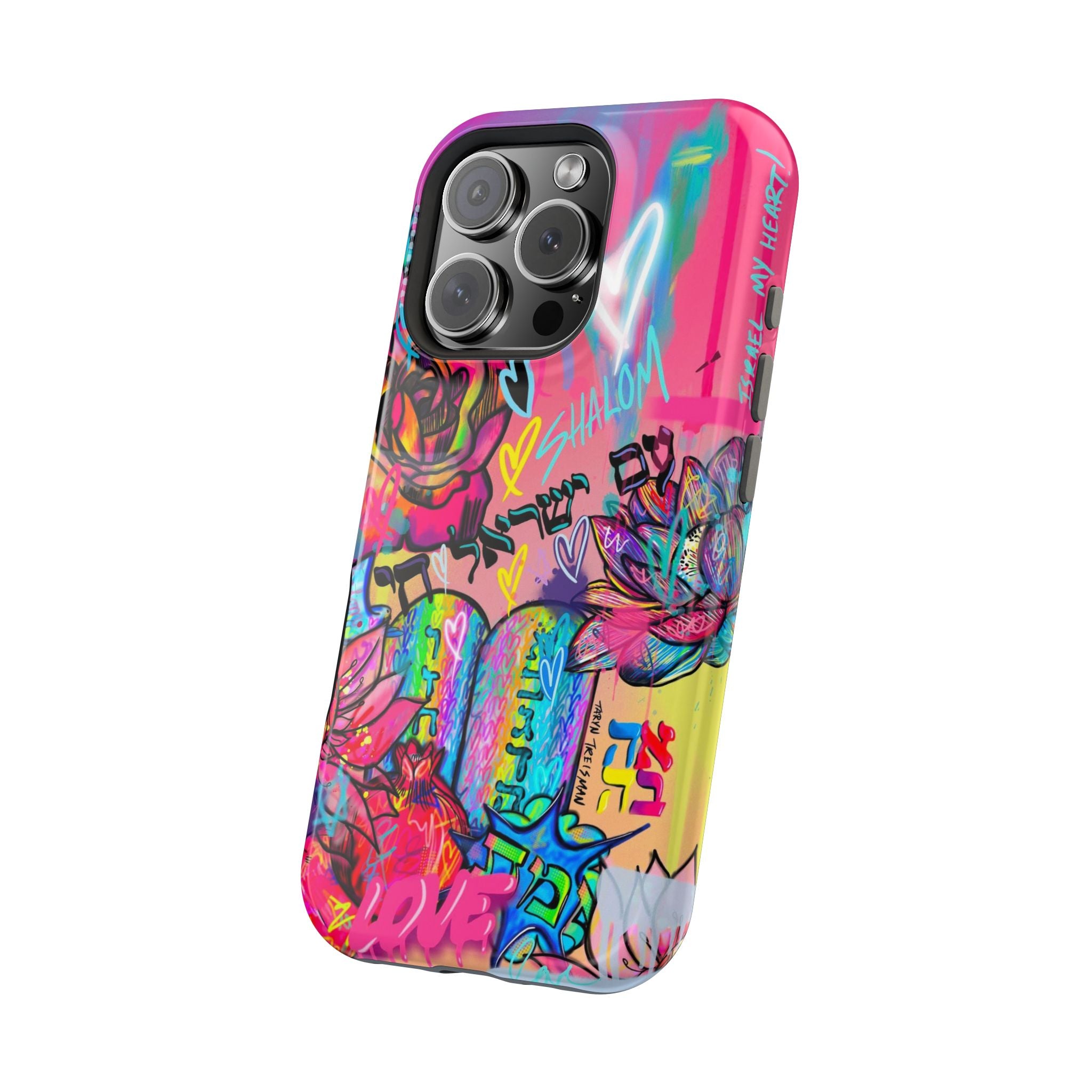 Graffiti Hearts Magnetic Impact-Resistant Phone Case — Neon Floral Street Art Design