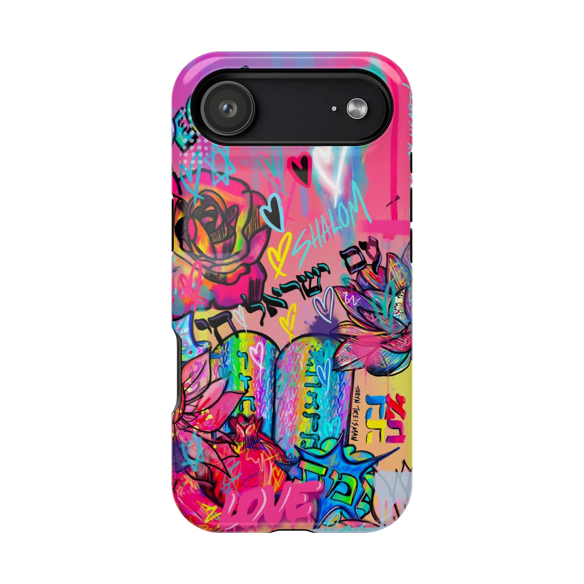 Graffiti Hearts Magnetic Impact-Resistant Phone Case — Neon Floral Street Art Design