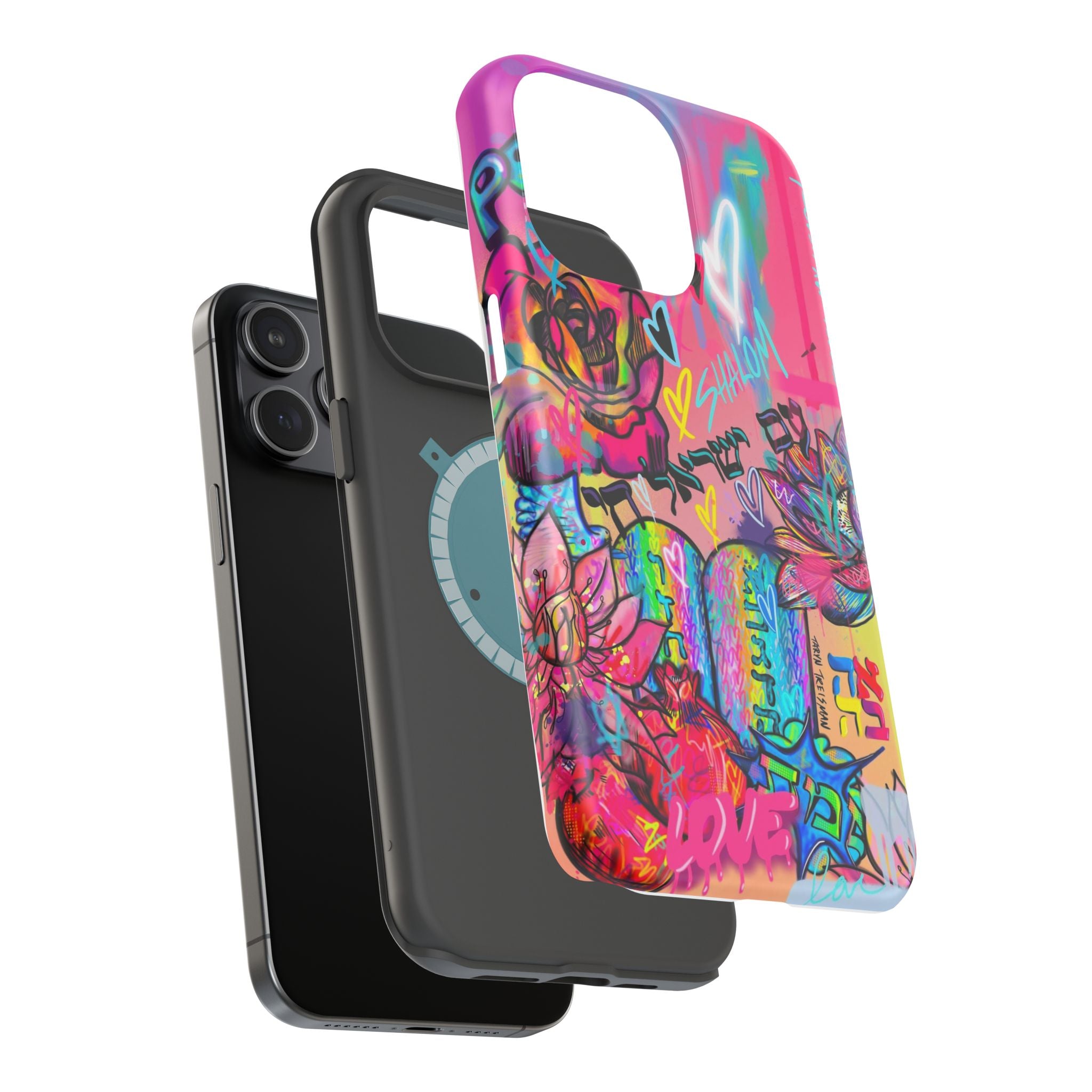 Graffiti Hearts Magnetic Impact-Resistant Phone Case — Neon Floral Street Art Design