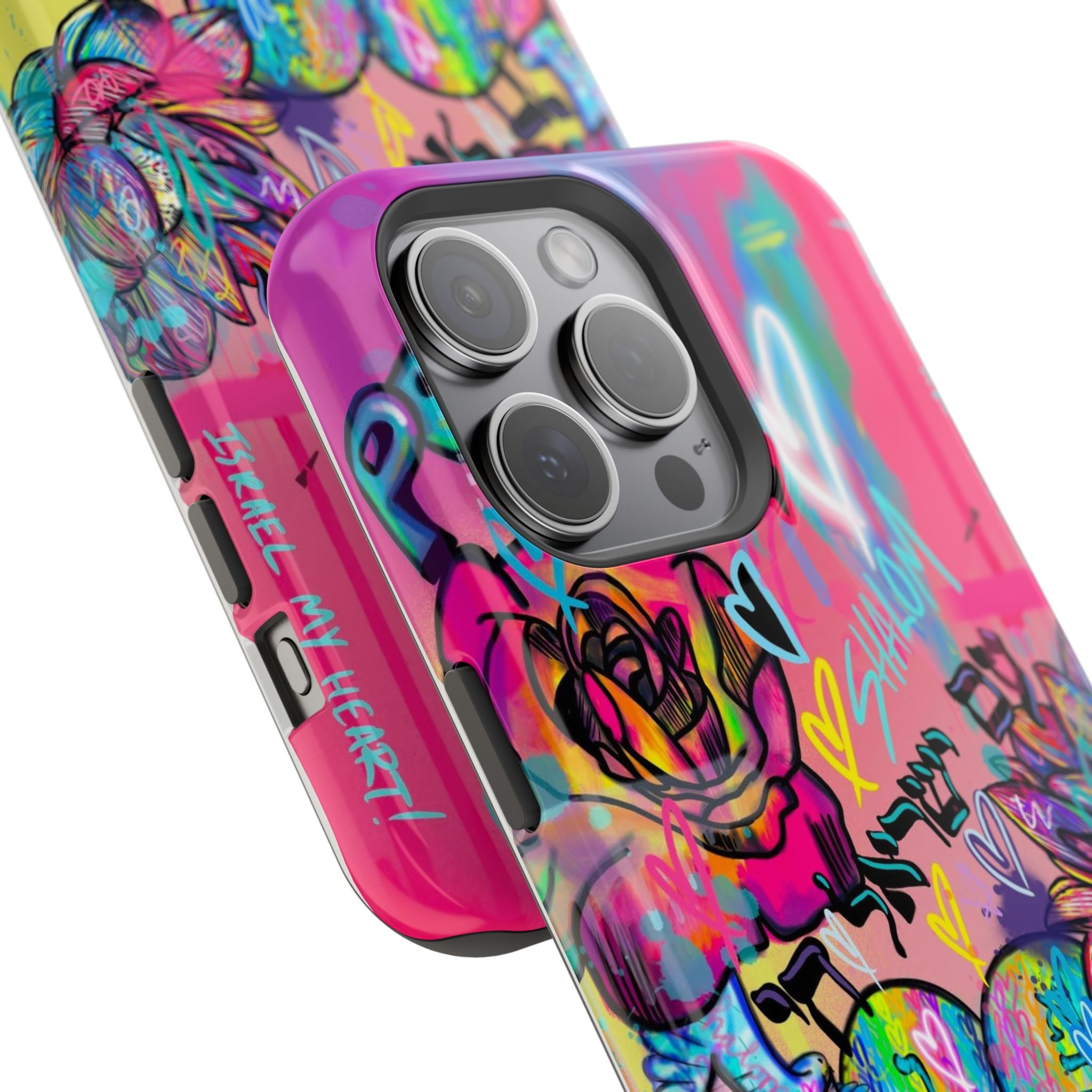Graffiti Hearts Magnetic Impact-Resistant Phone Case — Neon Floral Street Art Design