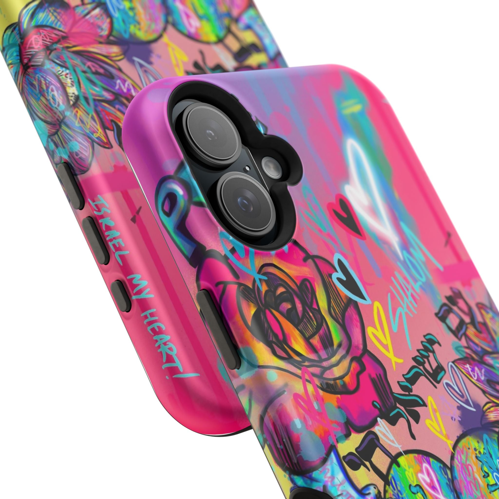Graffiti Hearts Magnetic Impact-Resistant Phone Case — Neon Floral Street Art Design