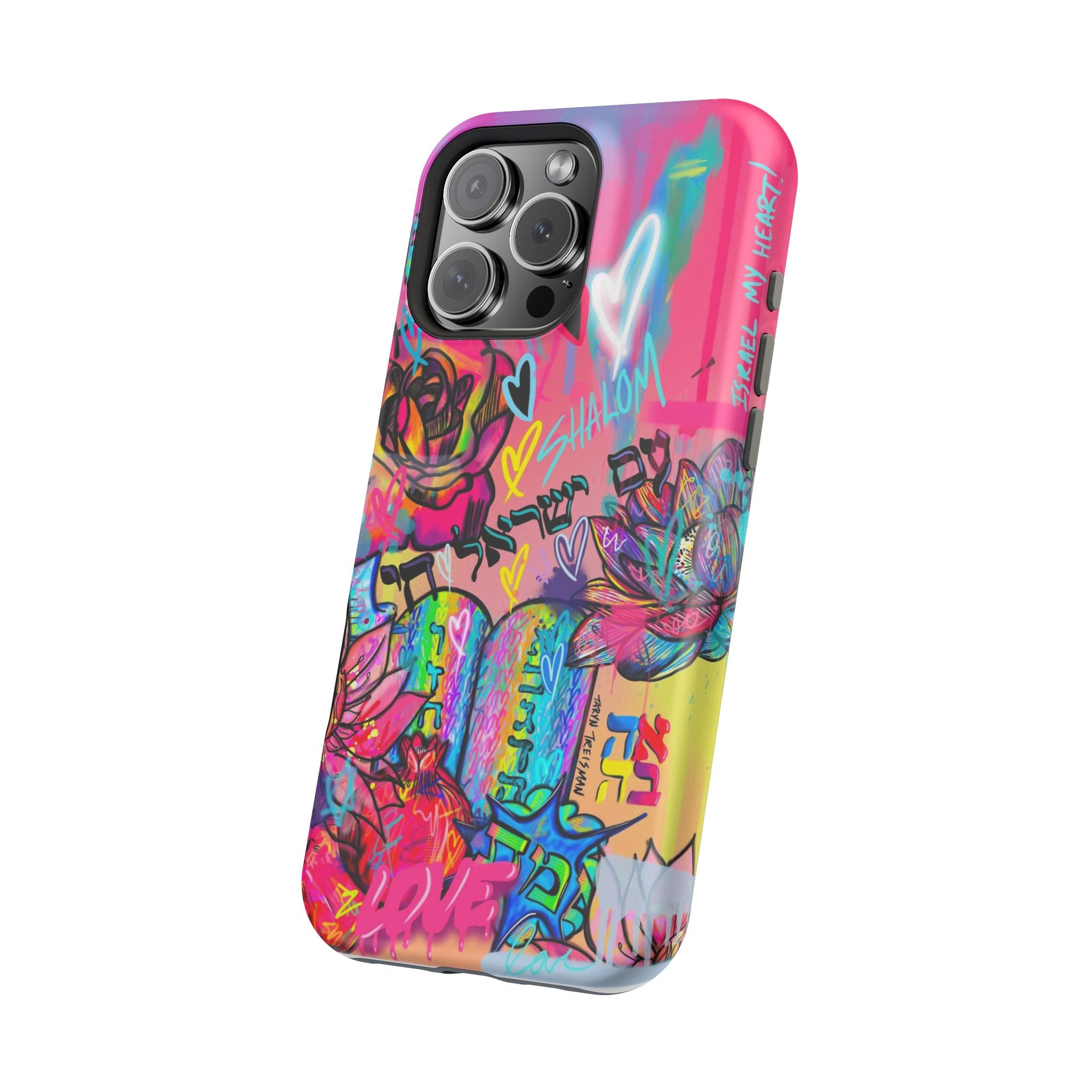 Graffiti Hearts Magnetic Impact-Resistant Phone Case — Neon Floral Street Art Design