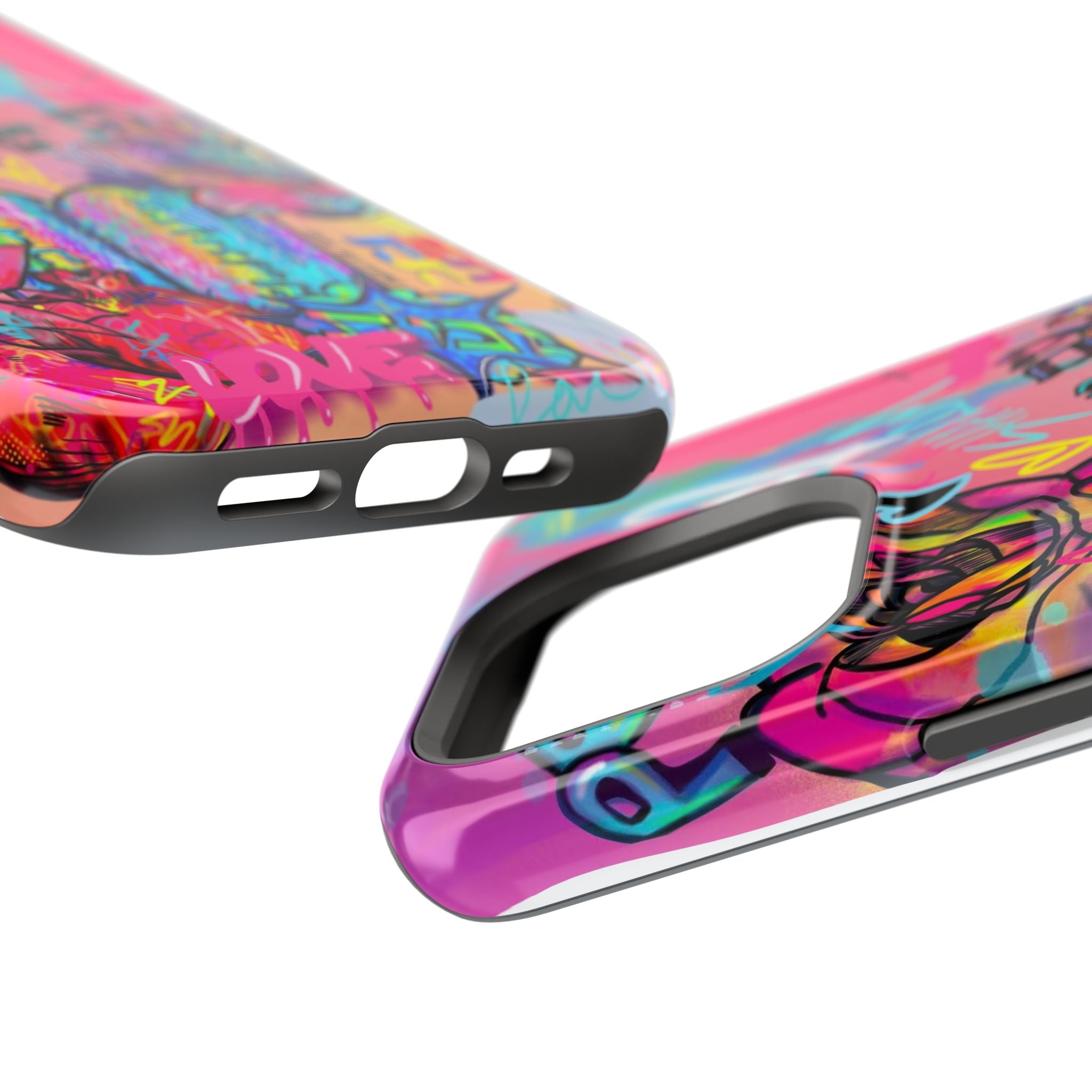 Graffiti Hearts Magnetic Impact-Resistant Phone Case — Neon Floral Street Art Design