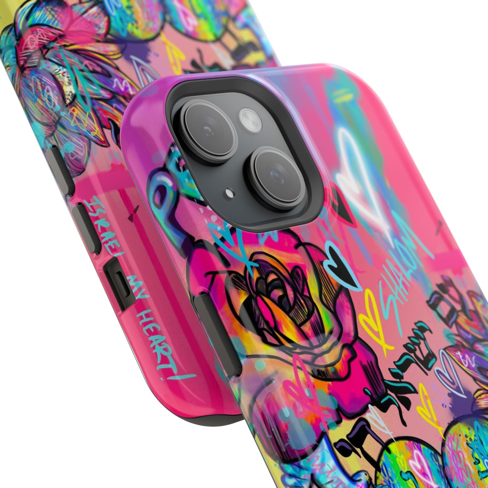 Graffiti Hearts Magnetic Impact-Resistant Phone Case — Neon Floral Street Art Design