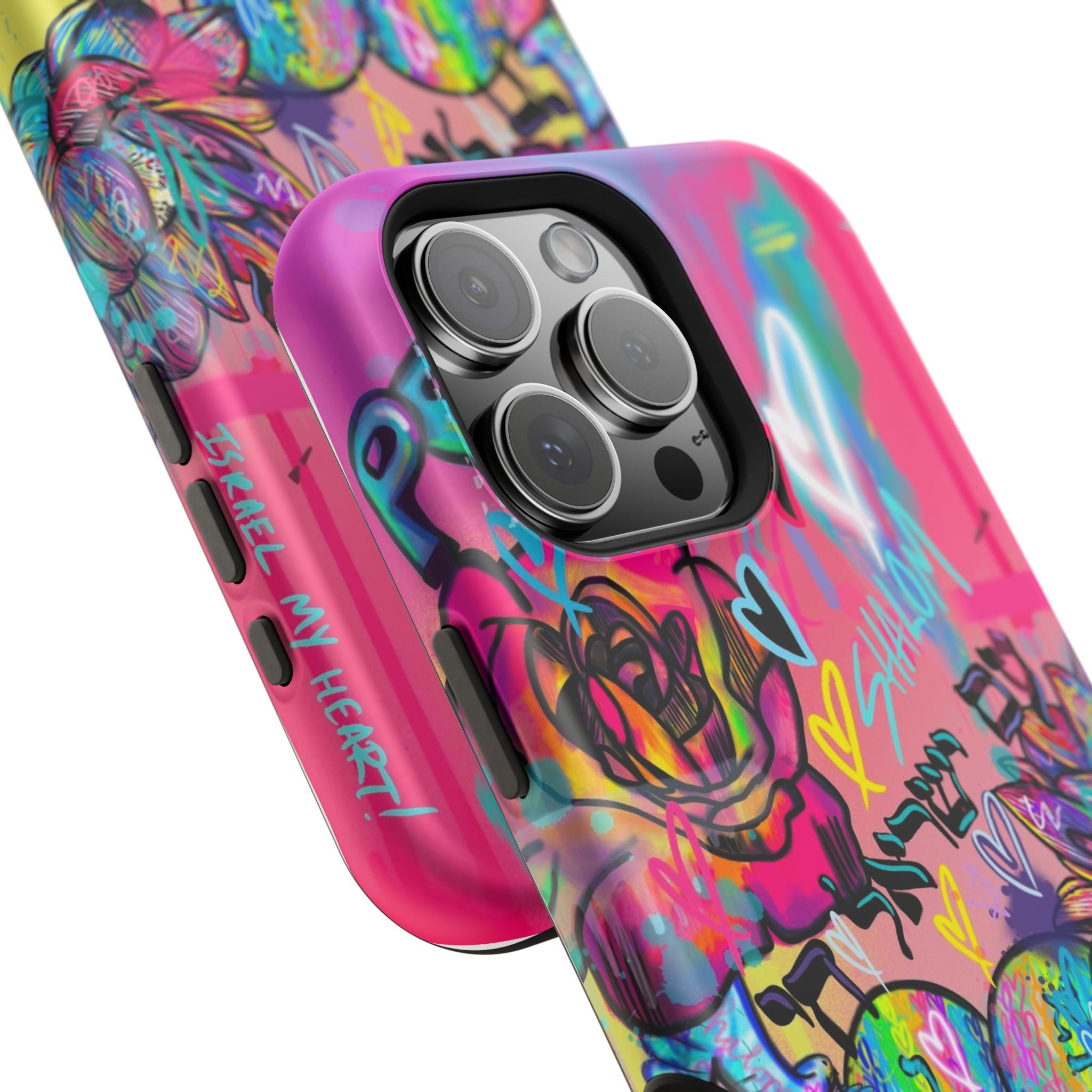 Graffiti Hearts Magnetic Impact-Resistant Phone Case — Neon Floral Street Art Design