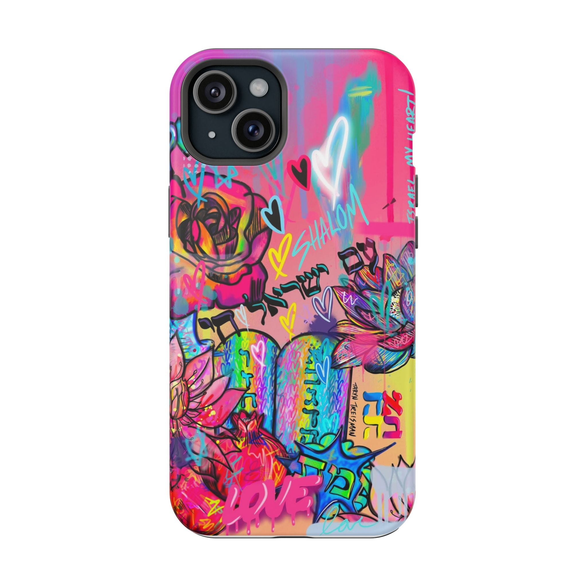 Graffiti Hearts Magnetic Impact-Resistant Phone Case — Neon Floral Street Art Design