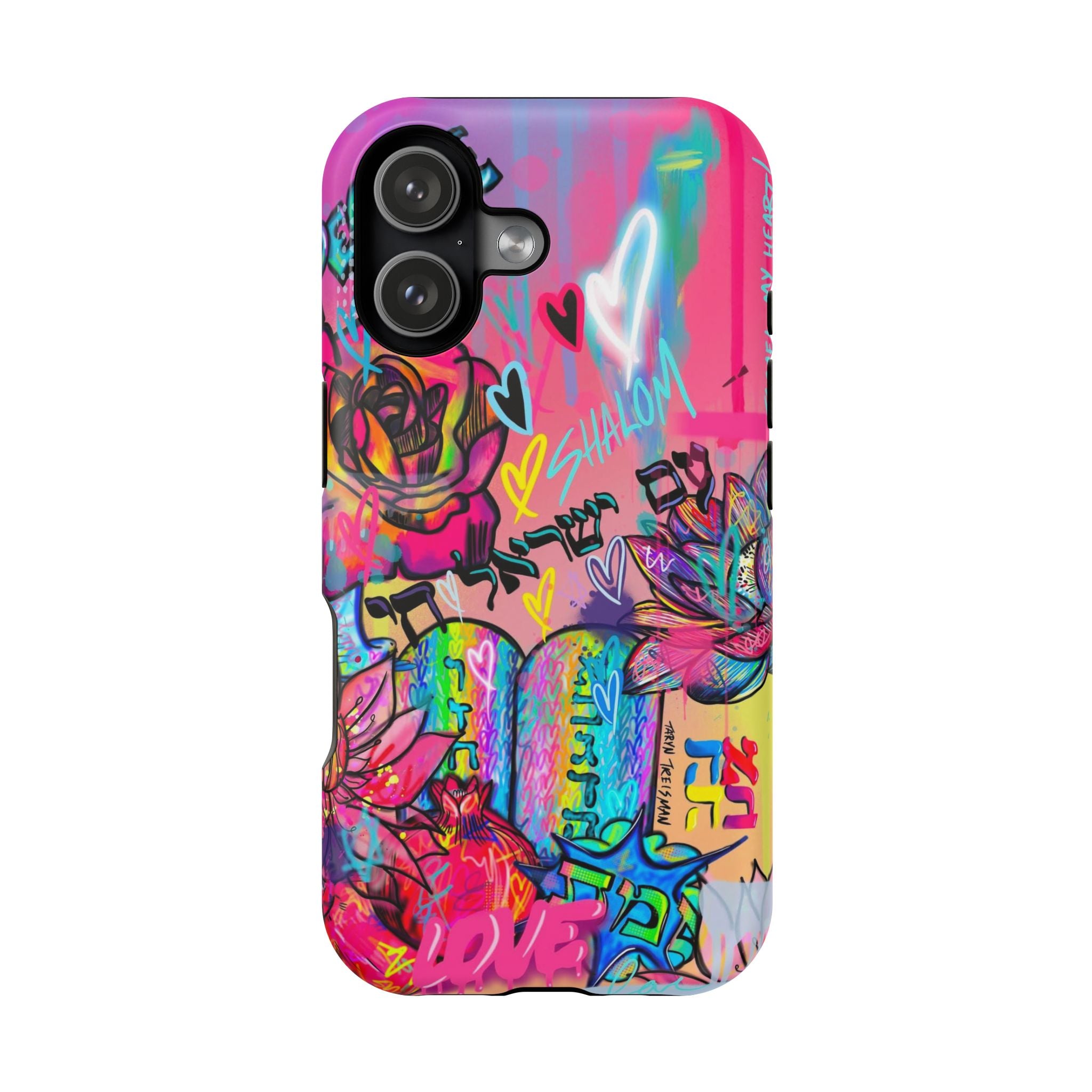 Graffiti Hearts Magnetic Impact-Resistant Phone Case — Neon Floral Street Art Design