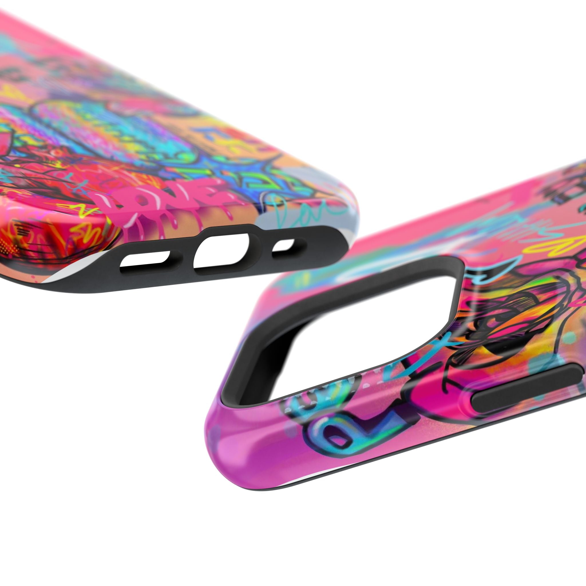 Graffiti Hearts Magnetic Impact-Resistant Phone Case — Neon Floral Street Art Design