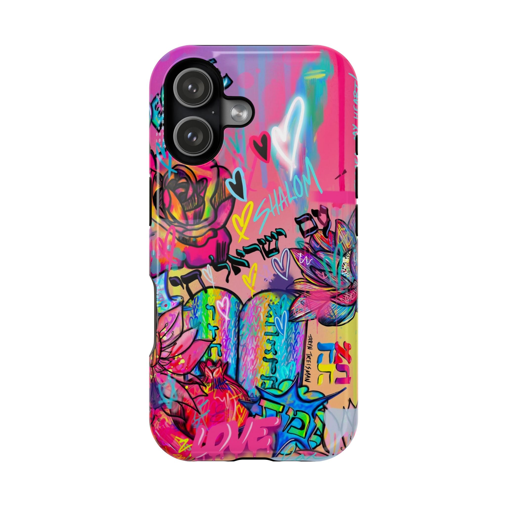 Graffiti Hearts Magnetic Impact-Resistant Phone Case — Neon Floral Street Art Design