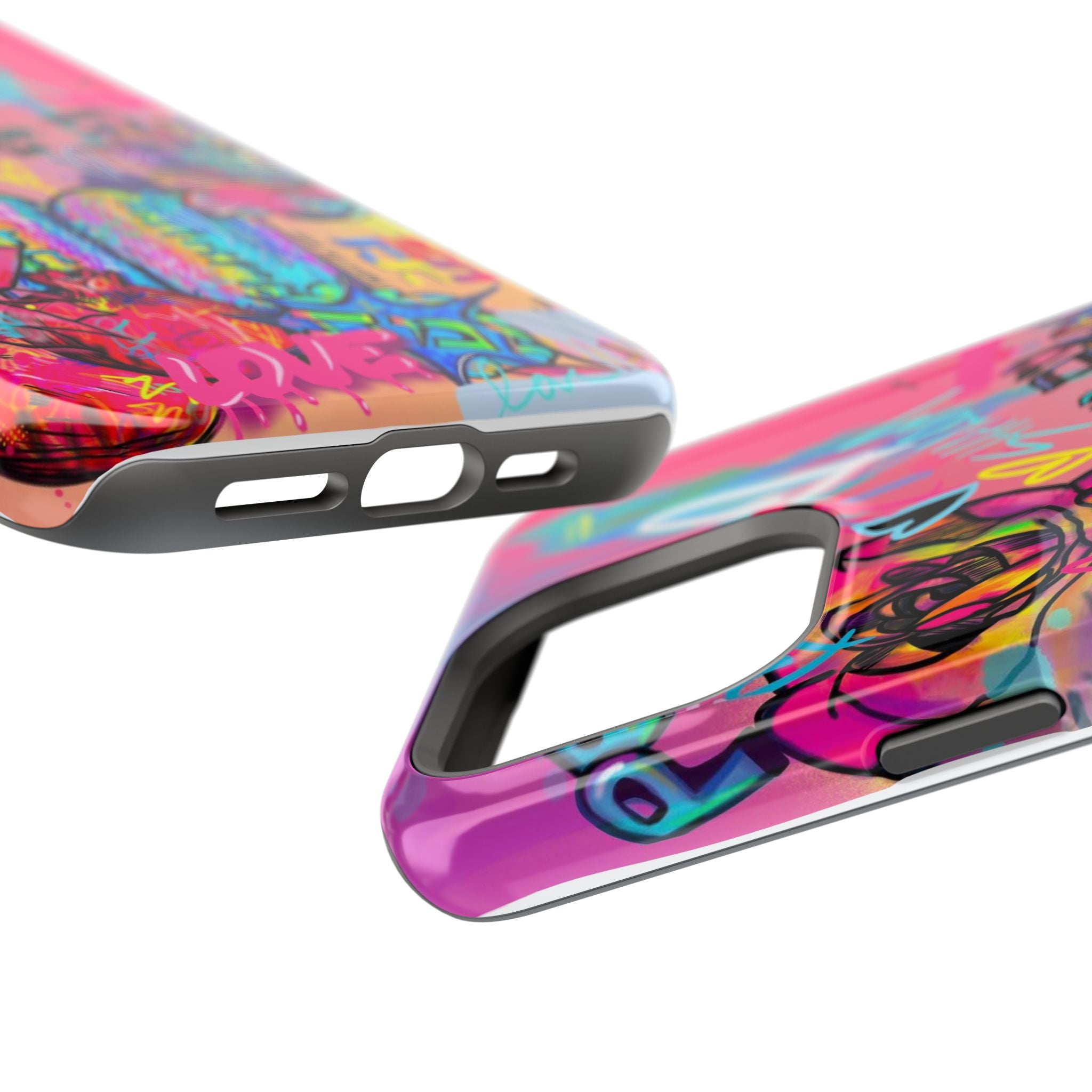 Graffiti Hearts Magnetic Impact-Resistant Phone Case — Neon Floral Street Art Design