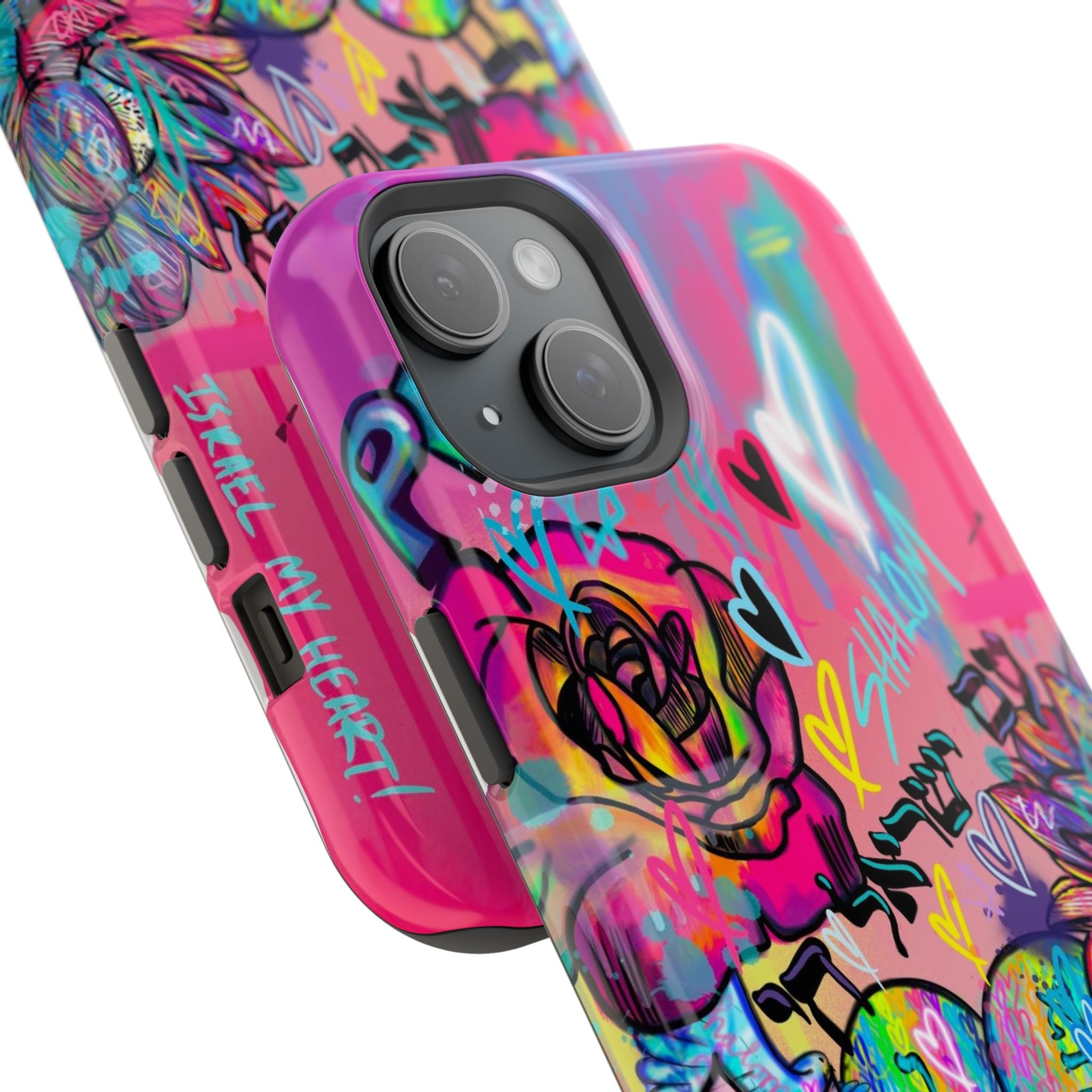 Graffiti Hearts Magnetic Impact-Resistant Phone Case — Neon Floral Street Art Design
